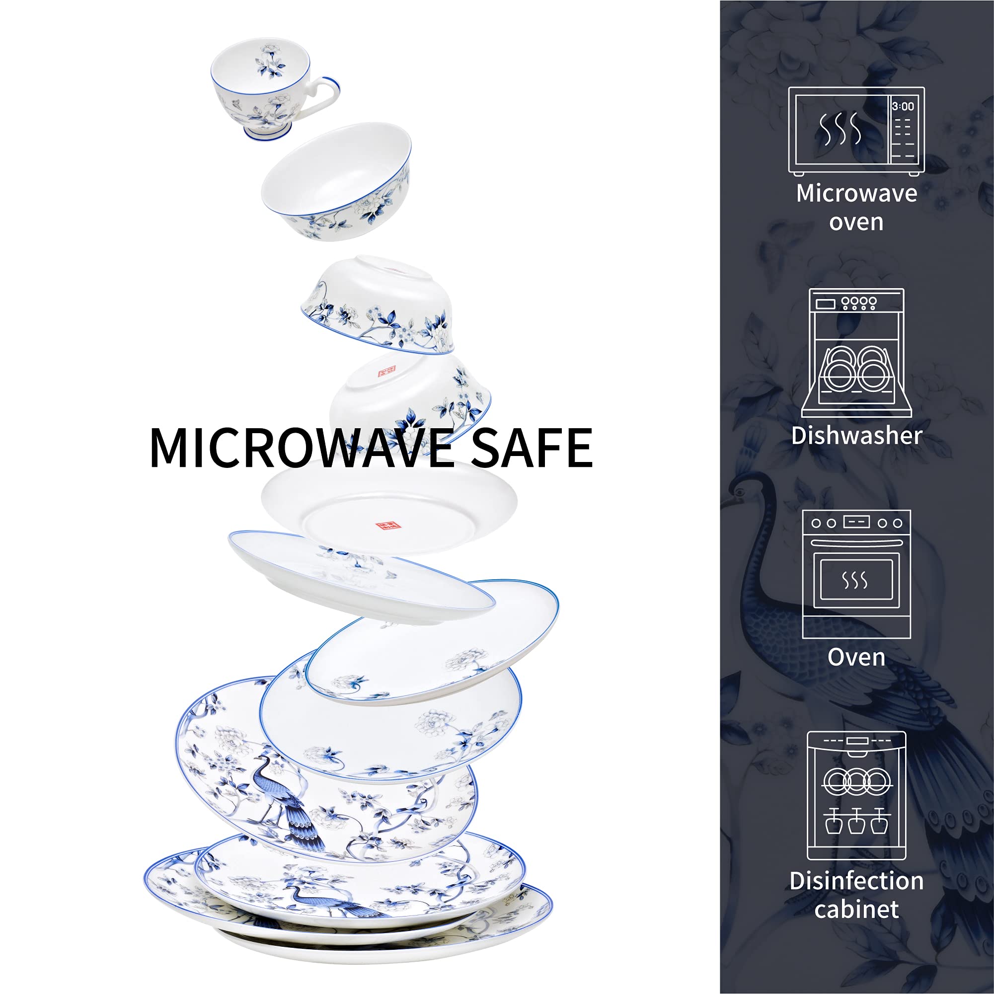 16-Piece Premium Bone China Dinnerware Set for 4 - Blue and White Porcelain Plates, Bowls & Coffee Cups - Elegant Tableware for Dining, Entertaining & Daily Use - Jingdezhen Porcelain Collection