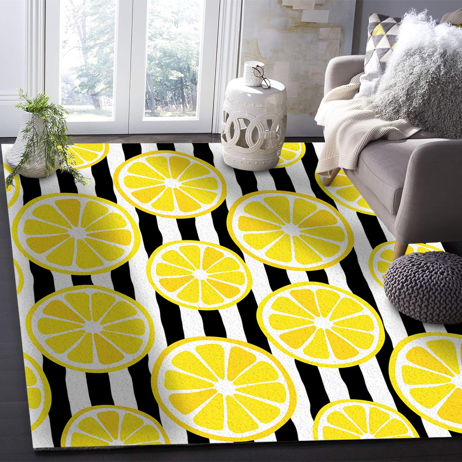 4x6ft Large Non-Slip Area Rug - Tropical Lemon Slices Summer Fruit Design for Living Room, Bedroom, Hallway - Indoor/Outdoor Decor Rug in Black & White Stripes | Perfect for Home, Nursery, and Patio Use