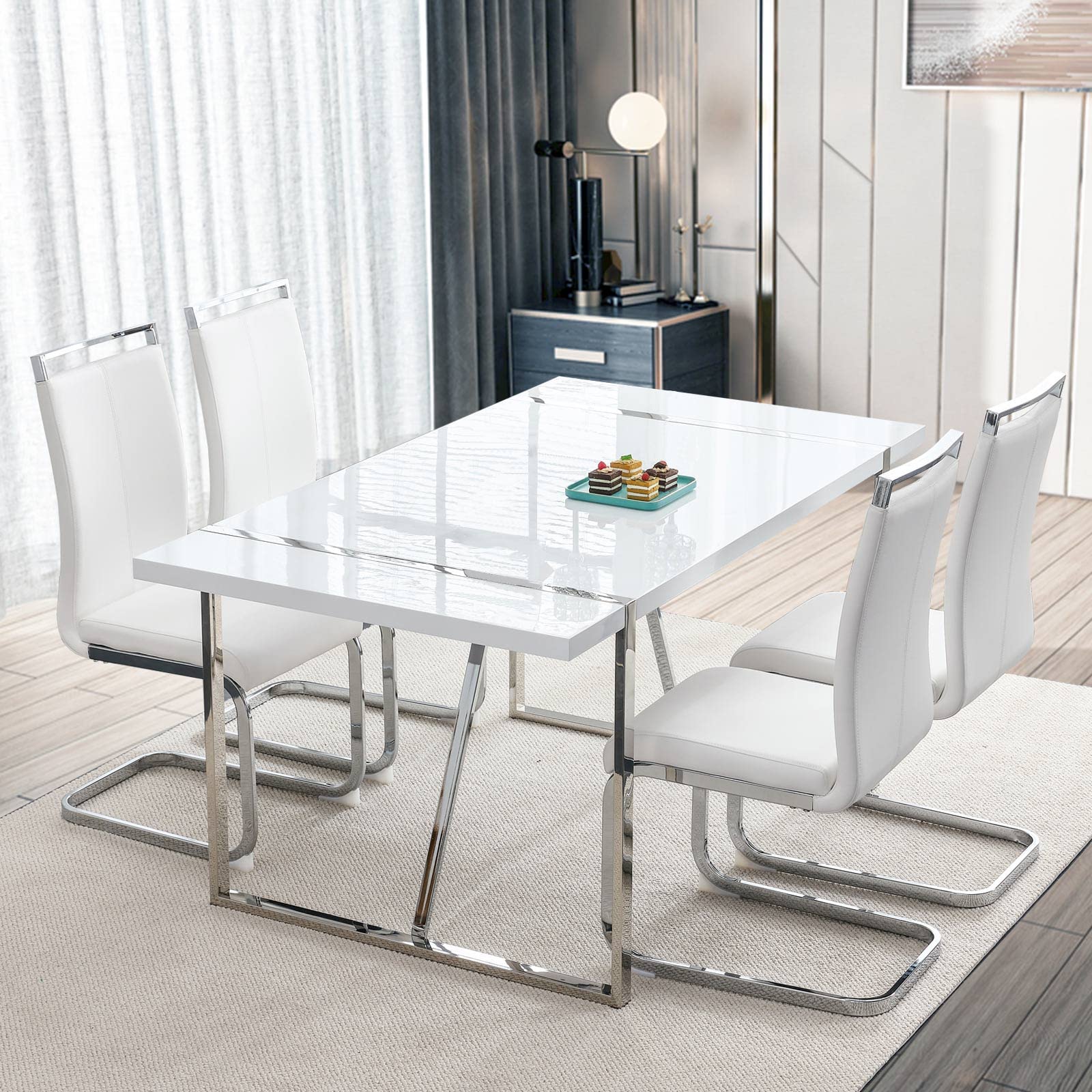 Modern 5-Piece White Rectangular MDF Dining Table Set with Leather Chairs & Metal Frame - Kitchen & Dining Room Furniture for 4 People | Perfect for Small Spaces, Family Meals & Entertaining Guests