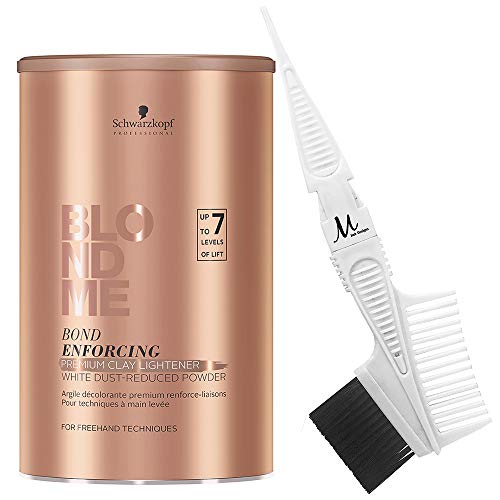 BlondMe Clay Lightener 7+ Bond Enforcing Premium White Dust-Reduced Powder 350g & M Hair Designs Tint Brush/Comb Kit - Professional Hair Bleaching & Coloring Set for Salon & Home Use