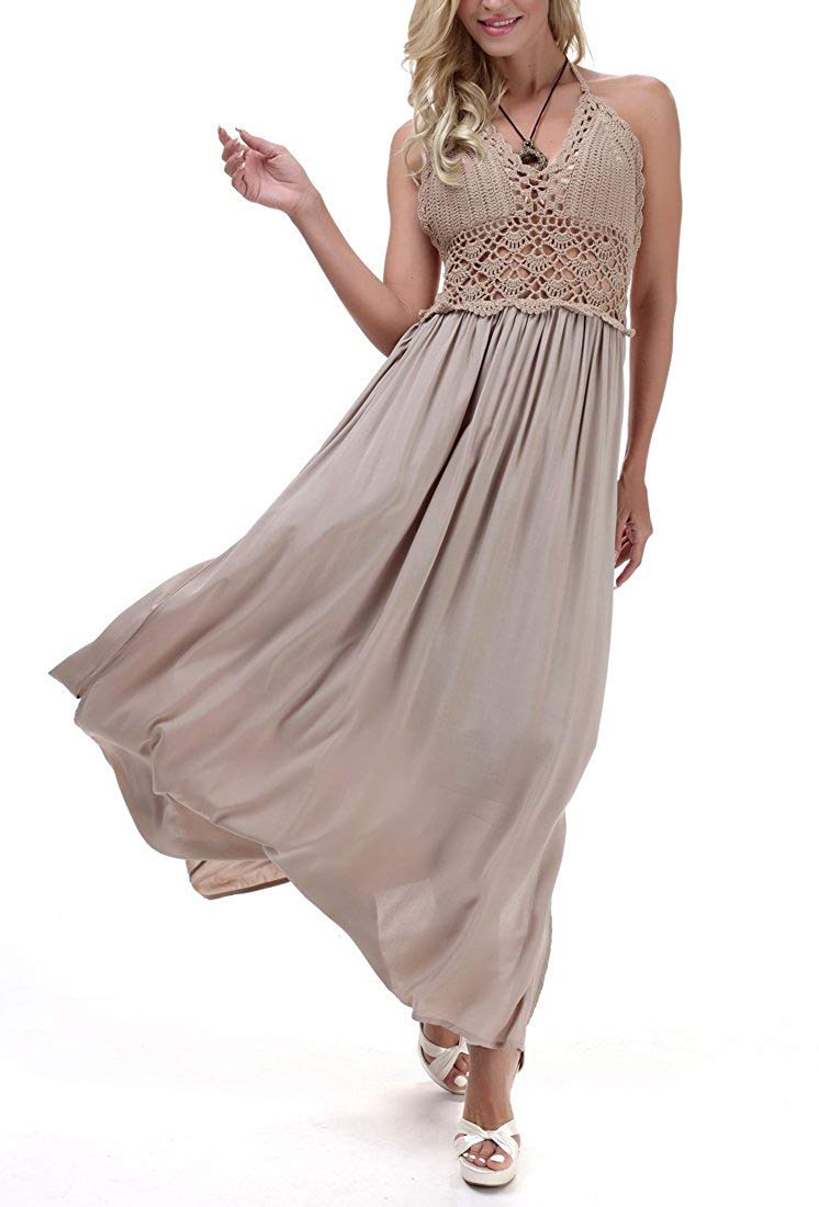 LILBETTER Women's Bohemian Crochet Backless Halter Maxi Dress - Flowy Beach Cover Up, Summer Vacation, Pool Party, Boho Festival Outfit