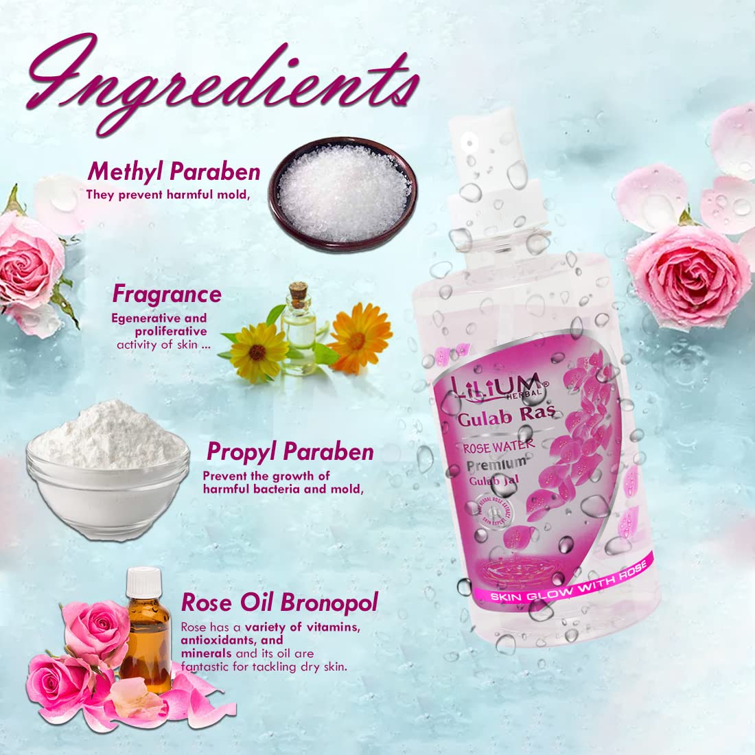 Lilium Gulab Ras Pure Rose Water 500ml - Natural Hydrating Facial Toner for Skin Care & Aromatherapy