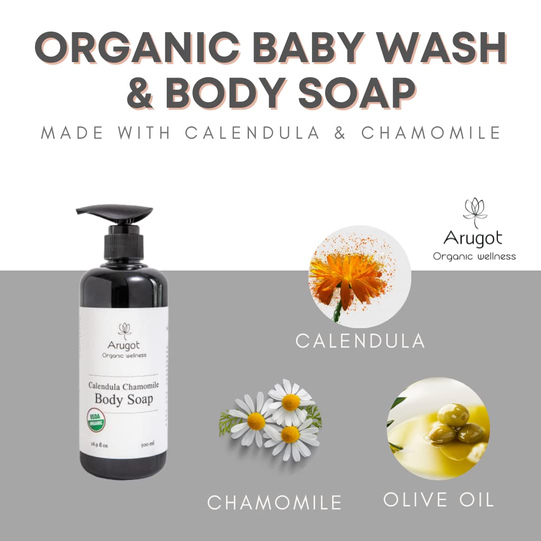 Organic Calendula-Chamomile Body Wash for Sensitive Skin | Natural Baby & Adult Body Soap Made in Israel | Soothes Dry Skin & Scalp - 16.9 Fl Oz | Gentle Cleanser for Daily Shower & Bath Time