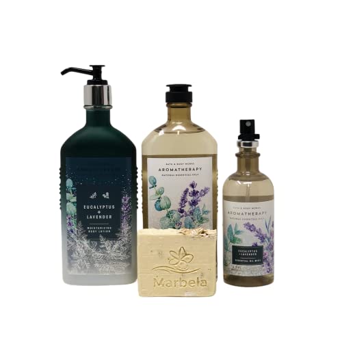 Bath & Body Works Aromatherapy Gift Set - Eucalyptus & Lavender Scented Body Wash, Foam Bath, Moisturizing Lotion & Essential Oil Mist with 4oz Marbela Artisan Soap Bar - Perfect for Relaxation, Spa Day & Self-Care Gifts