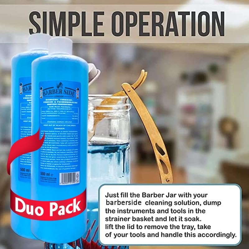 Barber Side London Disinfectant Solution - Salon Barbicide Jars, Medical & Athletic Use - Germicide Solution (Blue) 2 x 500ml (1 Liter) - Ideal for Barber Shops, Nail Salons & Sports Equipment Sanitization