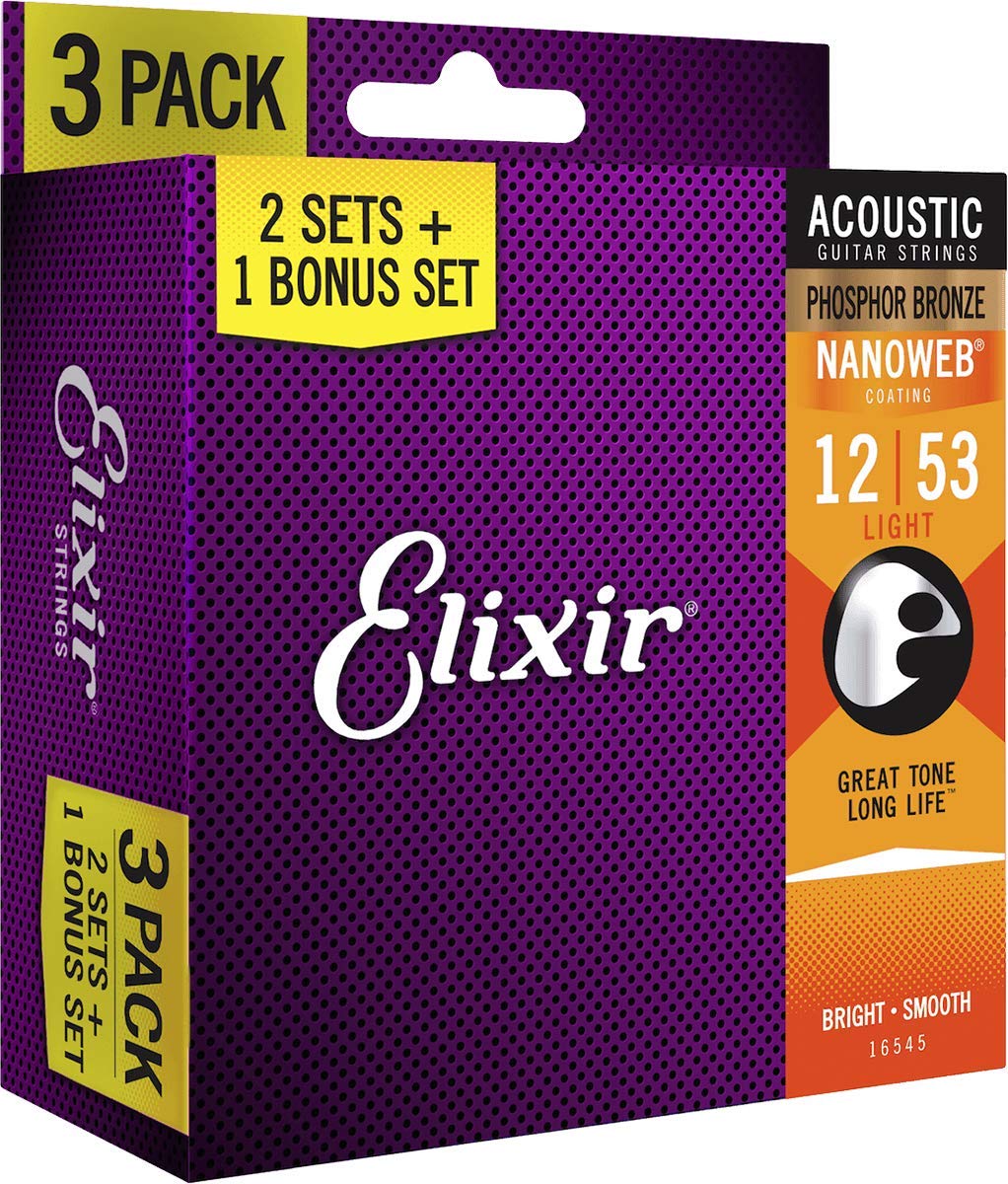 Hercules GS415BPLUS AutoGrip System Guitar Stand & Elixir 16545 Phosphor Bronze Acoustic Guitar Strings with NANOWEB Coating - 3 Pack Light Gauge (.012-.053) | Secure Guitar Storage & Premium String Replacement for Performances, Practice & Studio Sessions