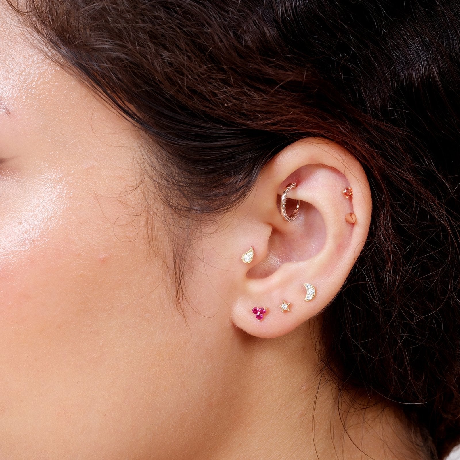 14K Yellow Gold Crescent Moon Stud Earrings with Gemstones | Flat Back Design for Comfort | Perfect for Everyday Wear, Gifts & Special Occasions