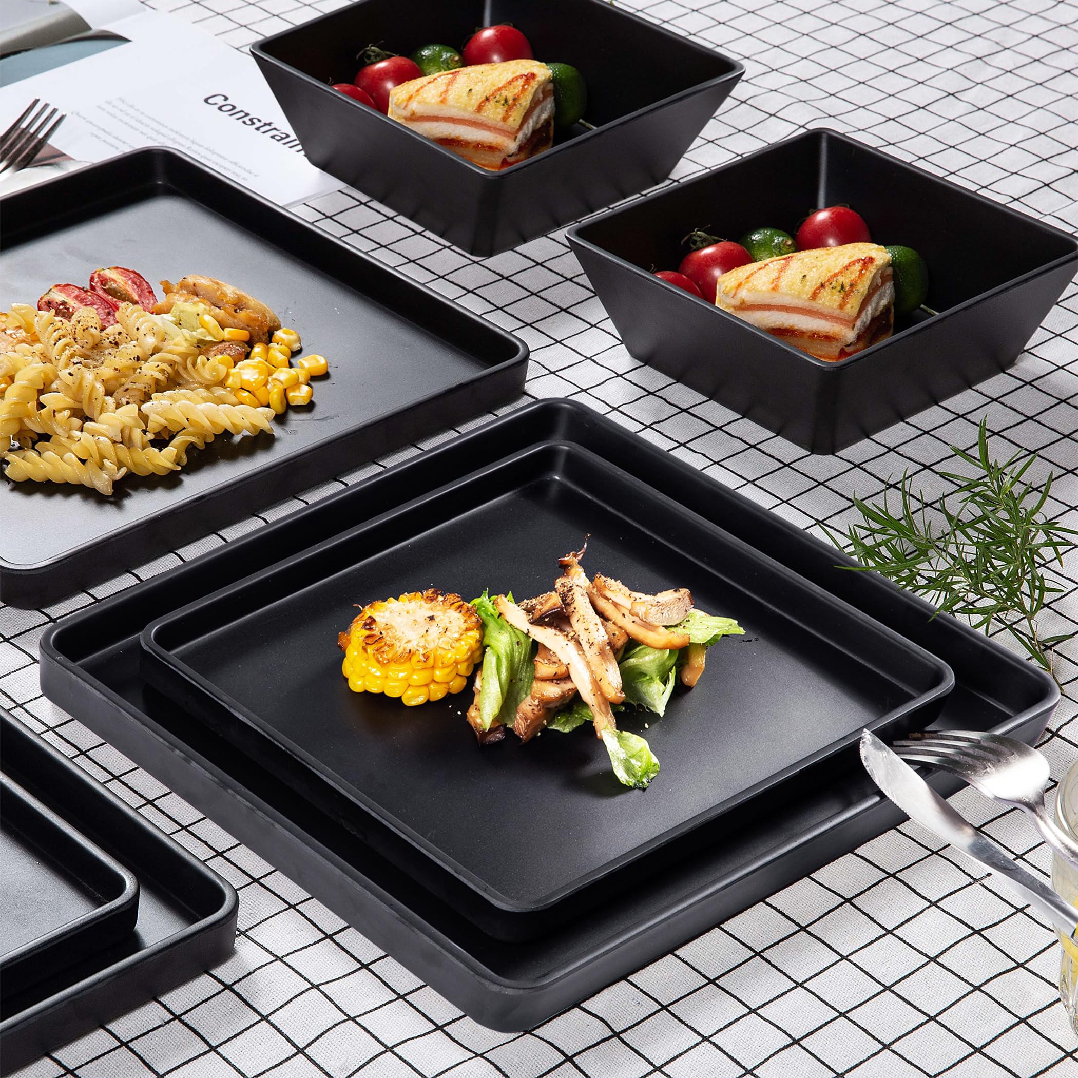 Premium 12-Piece Melamine Dinnerware Set - Durable Square Plates & Bowls in Elegant Black | Perfect for Outdoor Dining, Picnics, Camping & Everyday Use