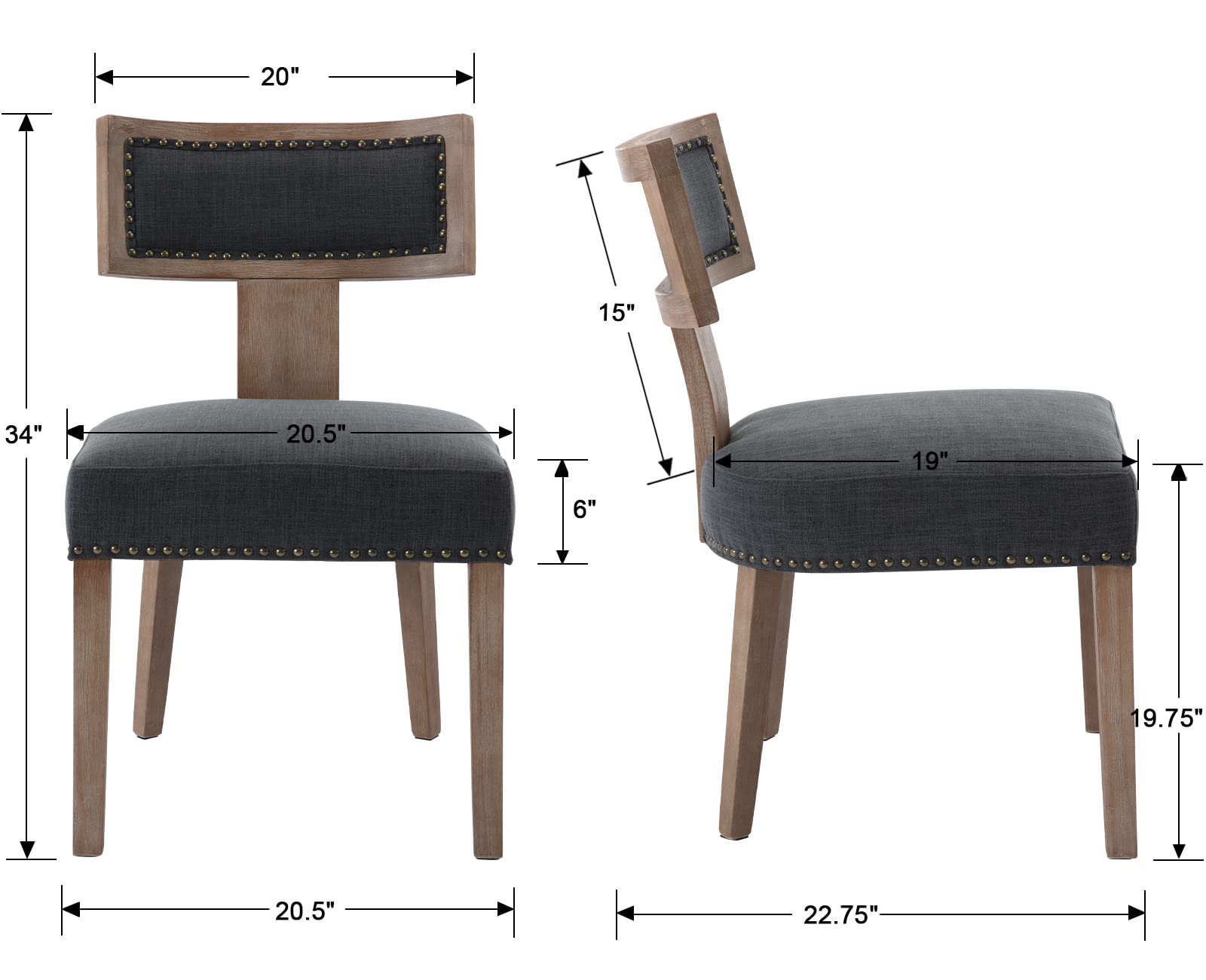 Mid Century Modern Dining Chairs Set of 4 - Farmhouse Style Linen Upholstered Accent Chairs with Curved Nailhead Trim & Hardwood Frame in Charcoal - Perfect for Kitchen, Dining Room, Breakfast Nook and Farmhouse Decor