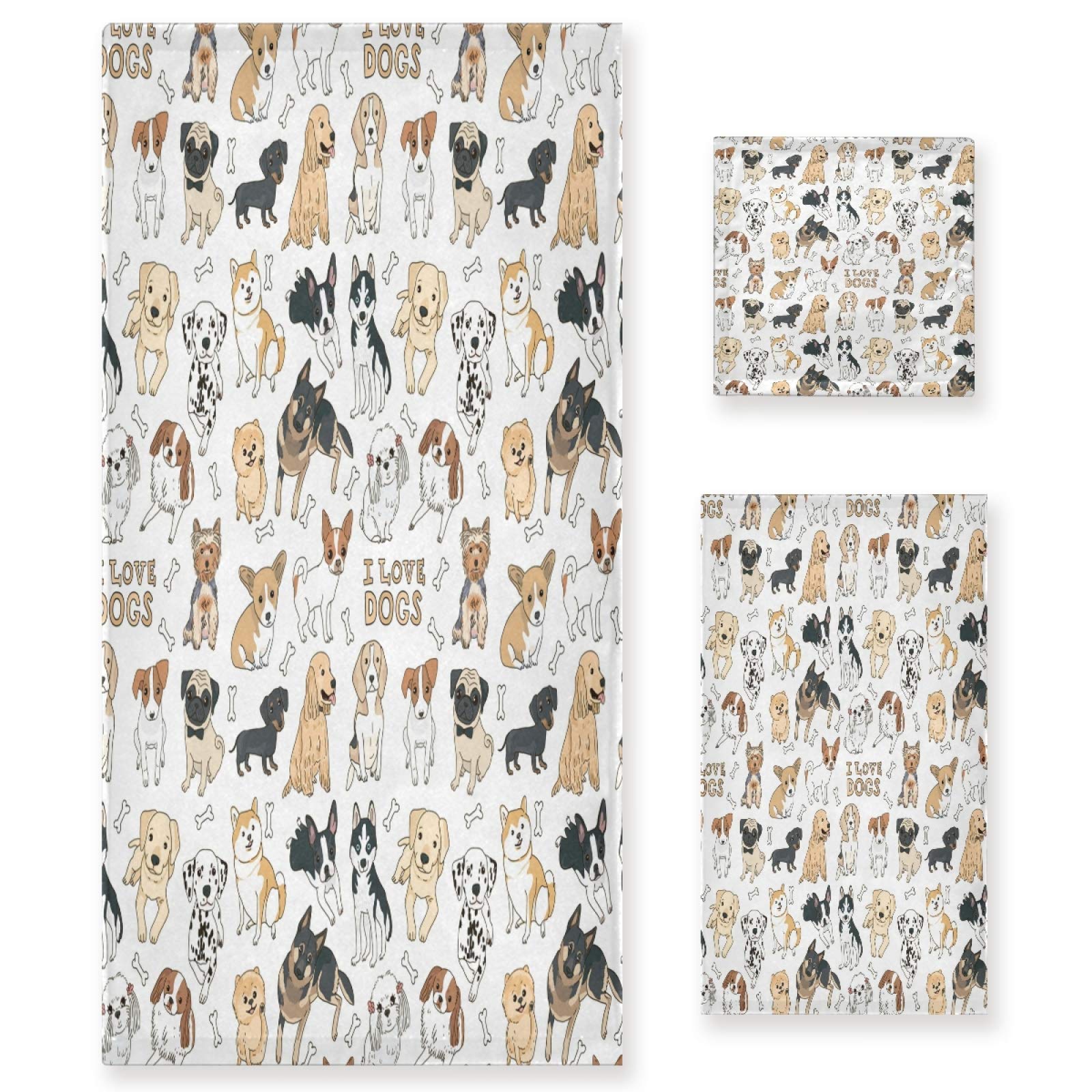 Blueangle 3-Piece Dog Pattern Bath Towel Set - Super Soft, Absorbent & Fade Resistant Cotton Towels for Bath, Hand & Face - Perfect for Bathrooms, Beach Trips & Pet Lovers