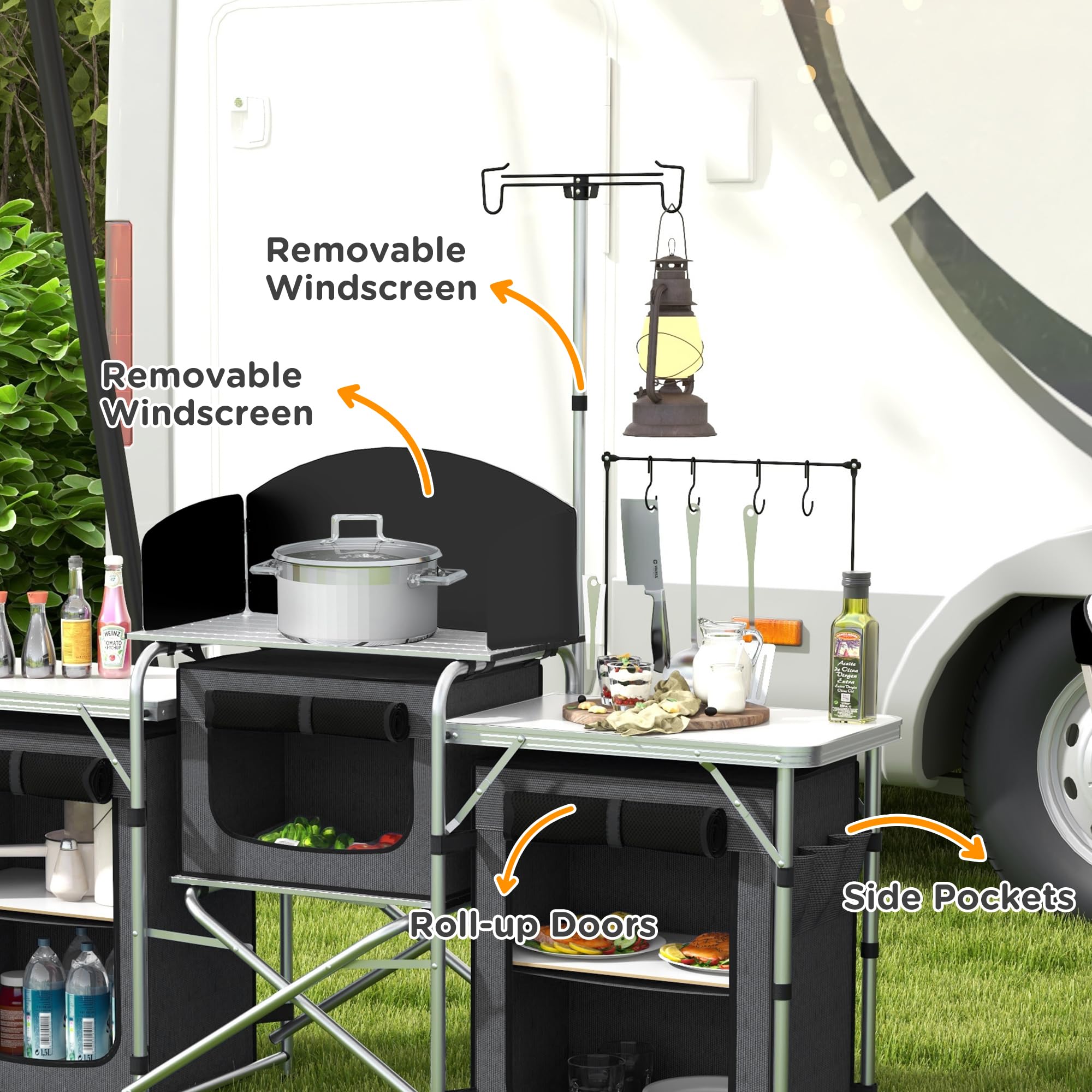 Outsunny Portable Folding Camping Kitchen Table - Aluminum Cook Station with 3 Fabric Cupboards & Windshield - Compact Camp Kitchen for BBQ, RV, Picnic - Includes Carrying Bag (Black) | Perfect for Outdoor Cooking, Camping Trips & Backyard Gatherings
