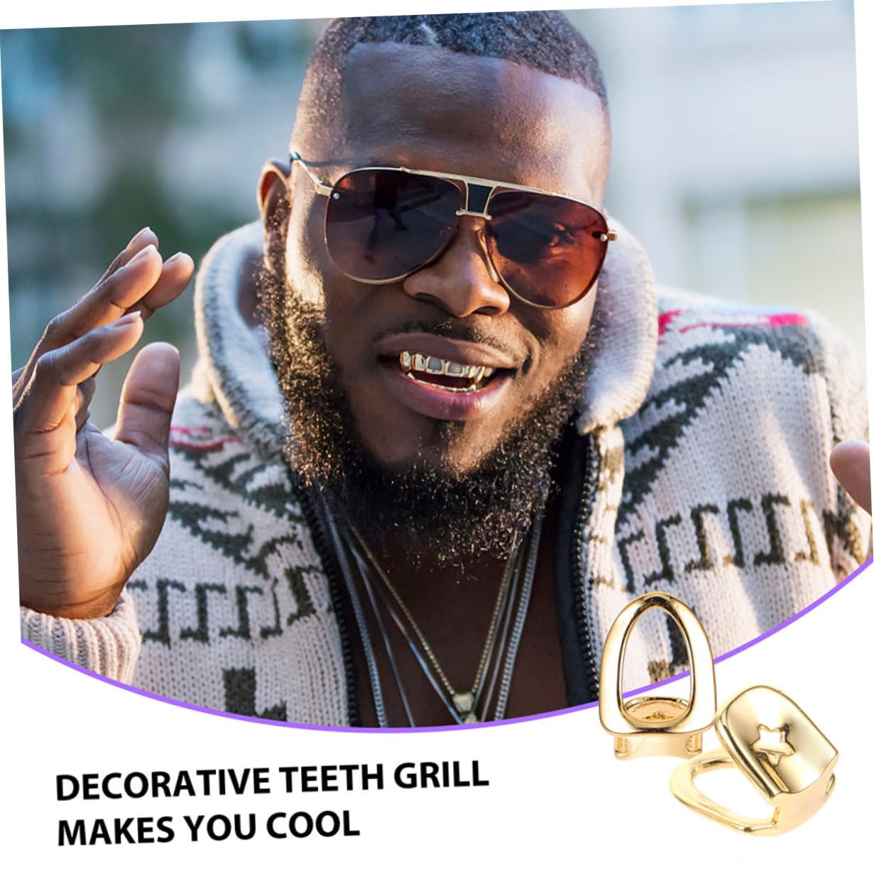 Totority 4pcs Copper Metal Teeth Grills Set - Lightweight Shiny Rapper Grillz for Hip Hop Parties, Concerts & Special Events - Perfect for Rappers, Performers & Fashion Accessories