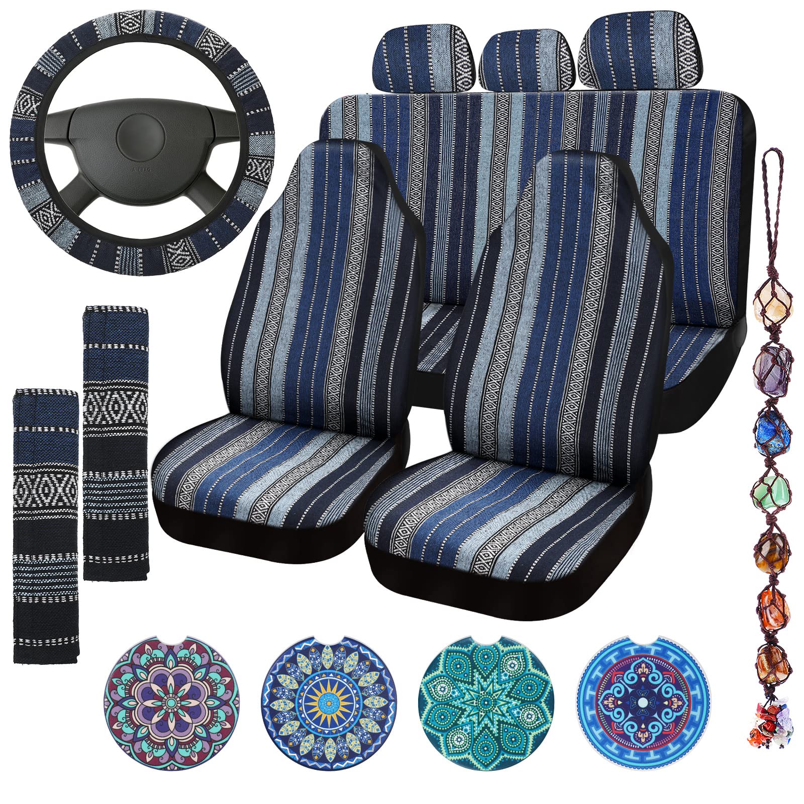 Frienda 14-Piece Baja Car Seat Covers Full Set - Multicolor Blue Saddle Blanket Striped Boho Style, Steering Wheel Cover, Seat Belt Pads, Crystal Hanging Ornament & Cup Mats - Fits Sedan, Van, SUV - Perfect for Road Trips, Camping & Boho-Themed Car Decor
