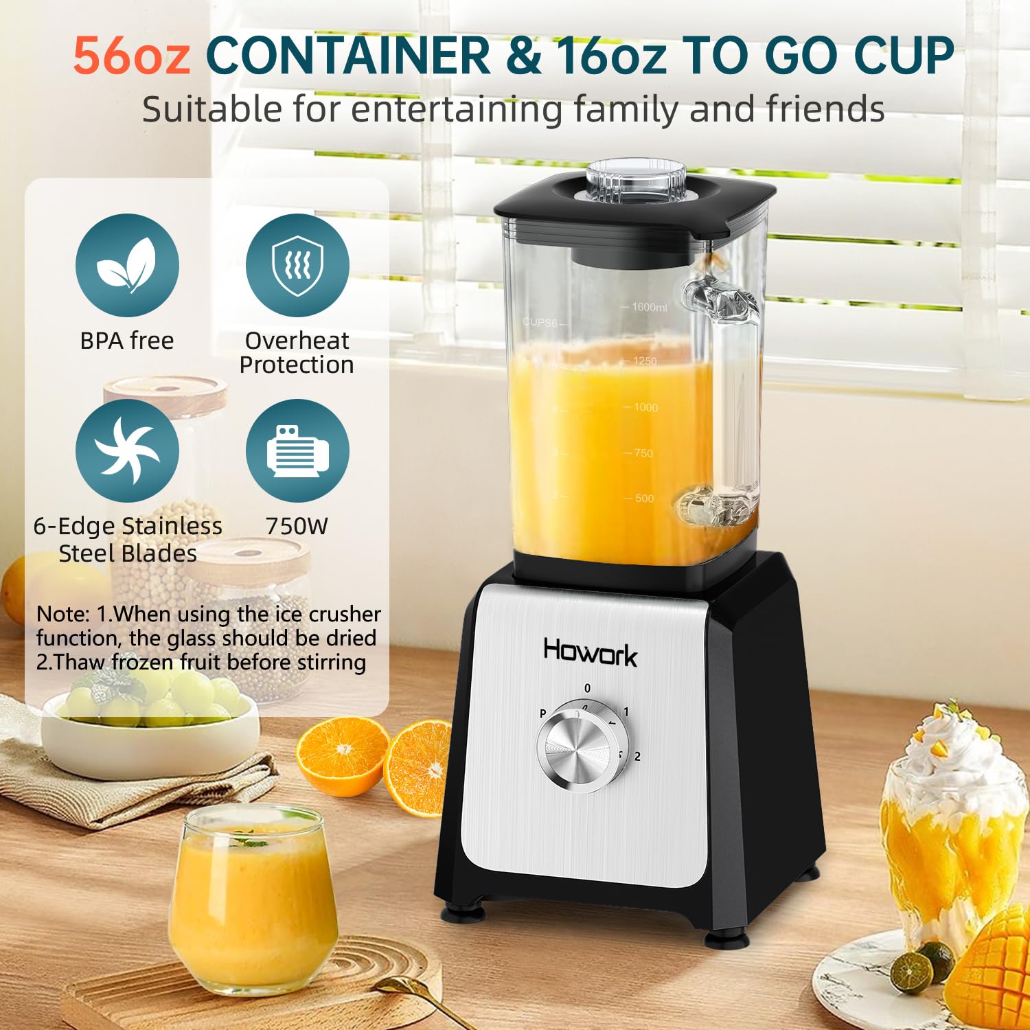 HOWORK 750W High-Speed Blender with 56oz Glass Jar & 16oz Portable Cups - 3 Functions for Smoothies, Frozen Drinks & Ice Cream - Perfect for Home Kitchen, Gym & Office Use