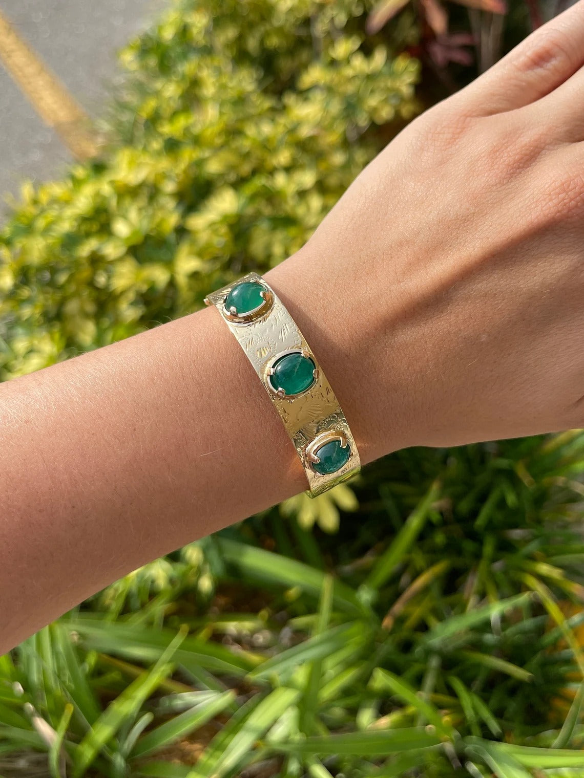 14K Gold Bangle Bracelet with 14.82tcw Natural Cabochon Emerald Three Stone - Elegant Jewelry for Women, Perfect for Weddings, Anniversaries & Special Occasions