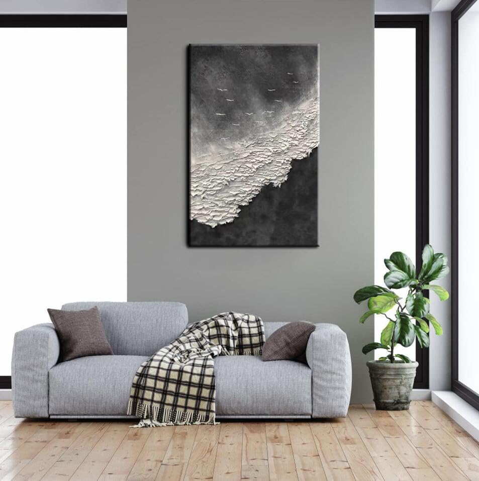 YaSheng Hand-Painted Abstract Oil Painting - Thick Texture Black & White Sea Wave Wall Art, Modern Minimalist Home Decor (24x36 Inch) for Living Room, Bedroom, Dining Room & Office Spaces