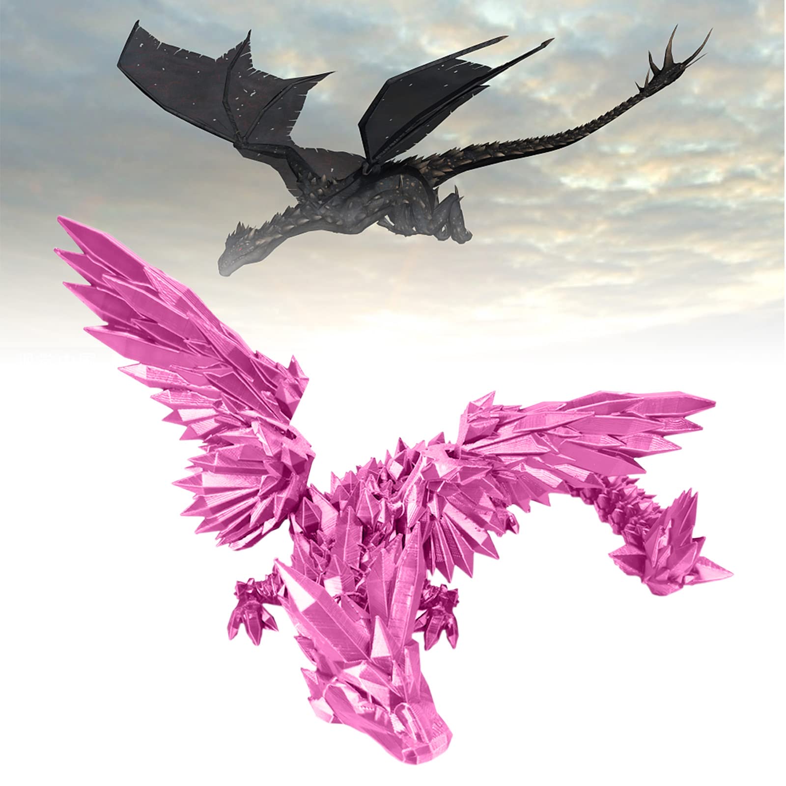 3D Printed Dragon Action Figure with Movable Joints & Wings - Flying Diamond Dragon Collectible Toy for Adults & Collectors - Anti-Stress Relief Monster Toy (Silk Pink, 17.7 Inch) - Perfect for Home Decor, Office Display, and Fantasy Collectibles