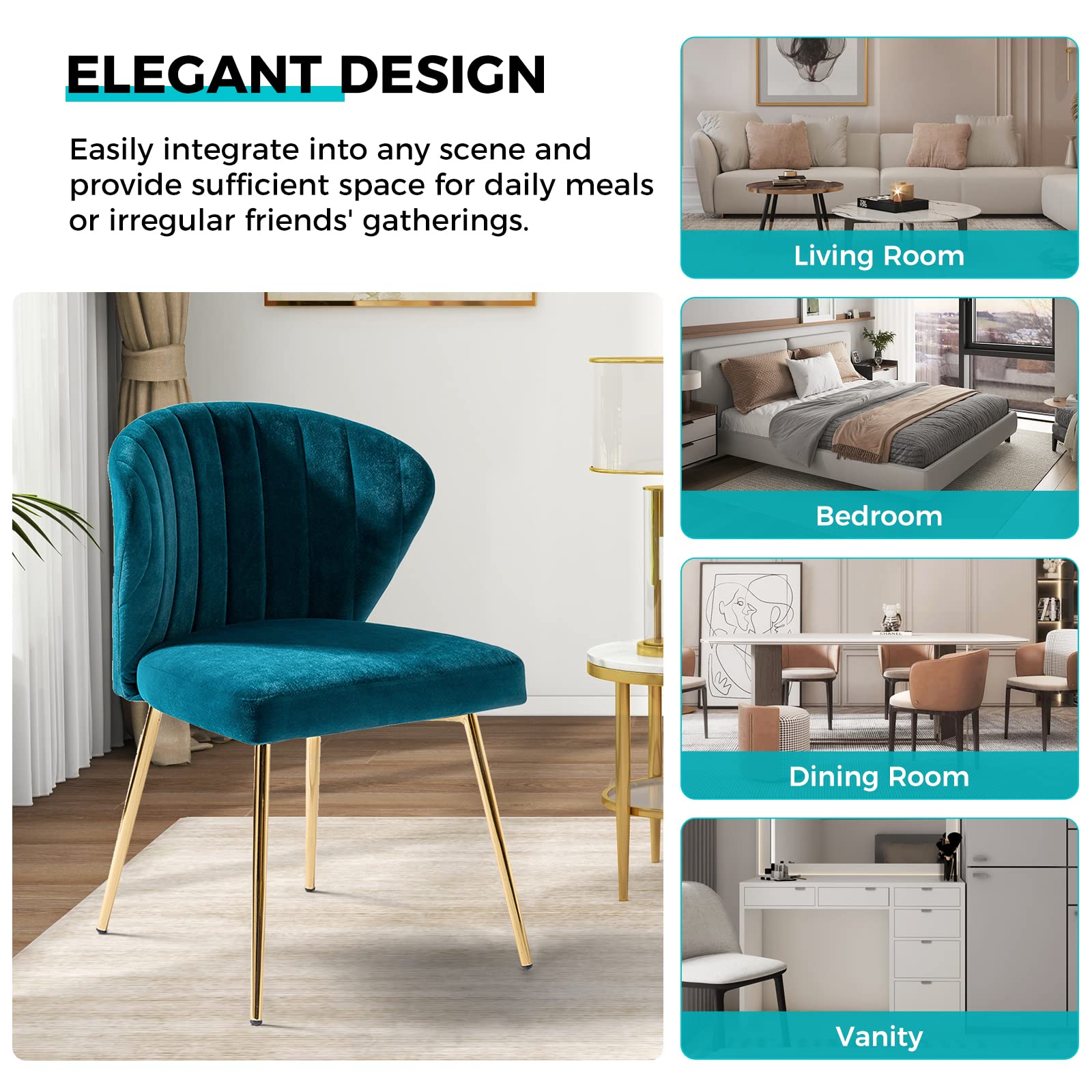 TINA'S HOME Modern Velvet Dining Chairs with Gold Metal Legs - Tufted Back Accent Chair for Living Room, Kitchen, Bedroom & Beauty Salon - Teal Blue Upholstered Side Chair for Home Decor & Patio Seating