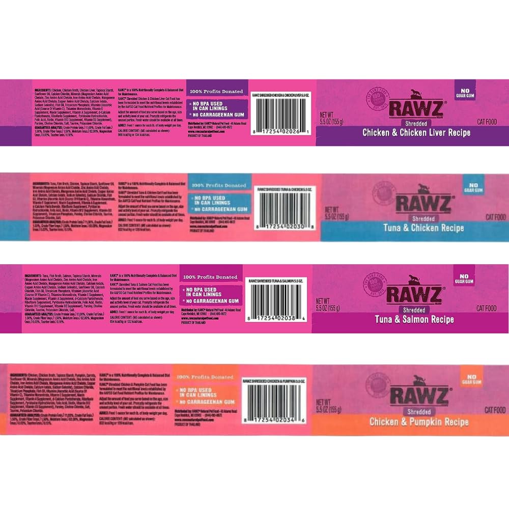 Rawz Natural Premium Canned Cat Wet Food Shredded - 12 Pack Variety Bundle with 4 Flavors (Tuna & Salmon, Chicken Liver, Tuna & Chicken, Chicken & Pumpkin) - 5.5 oz Cans - Grain-Free High Protein Meal for Adult Cats - Perfect for Picky Eaters & Daily Feeding