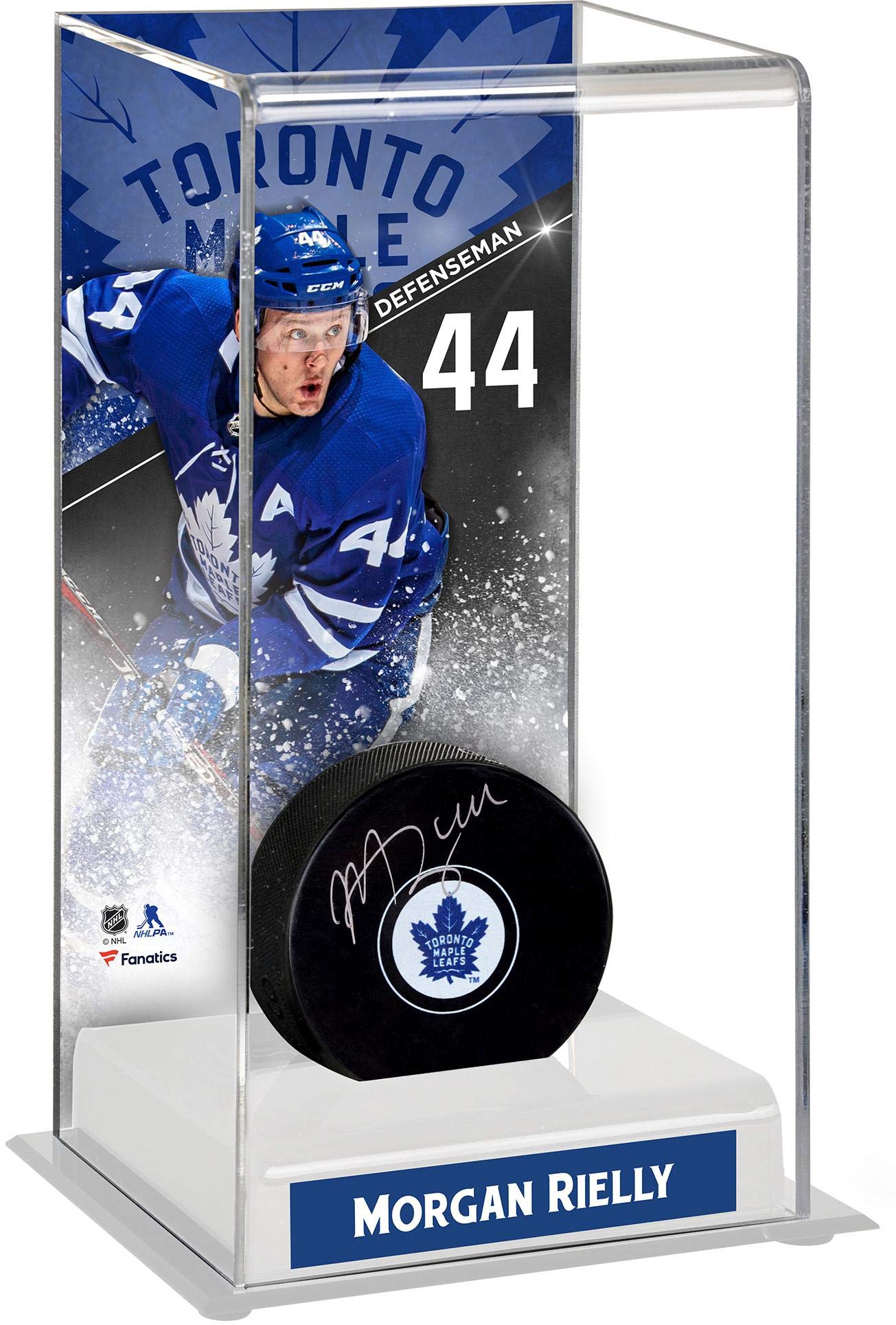 Morgan Rielly Toronto Maple Leafs Deluxe Hockey Puck Display Case - Premium Free Standing Puck Holder for Collectors | Perfect for Home, Office & Sports Memorabilia Collections