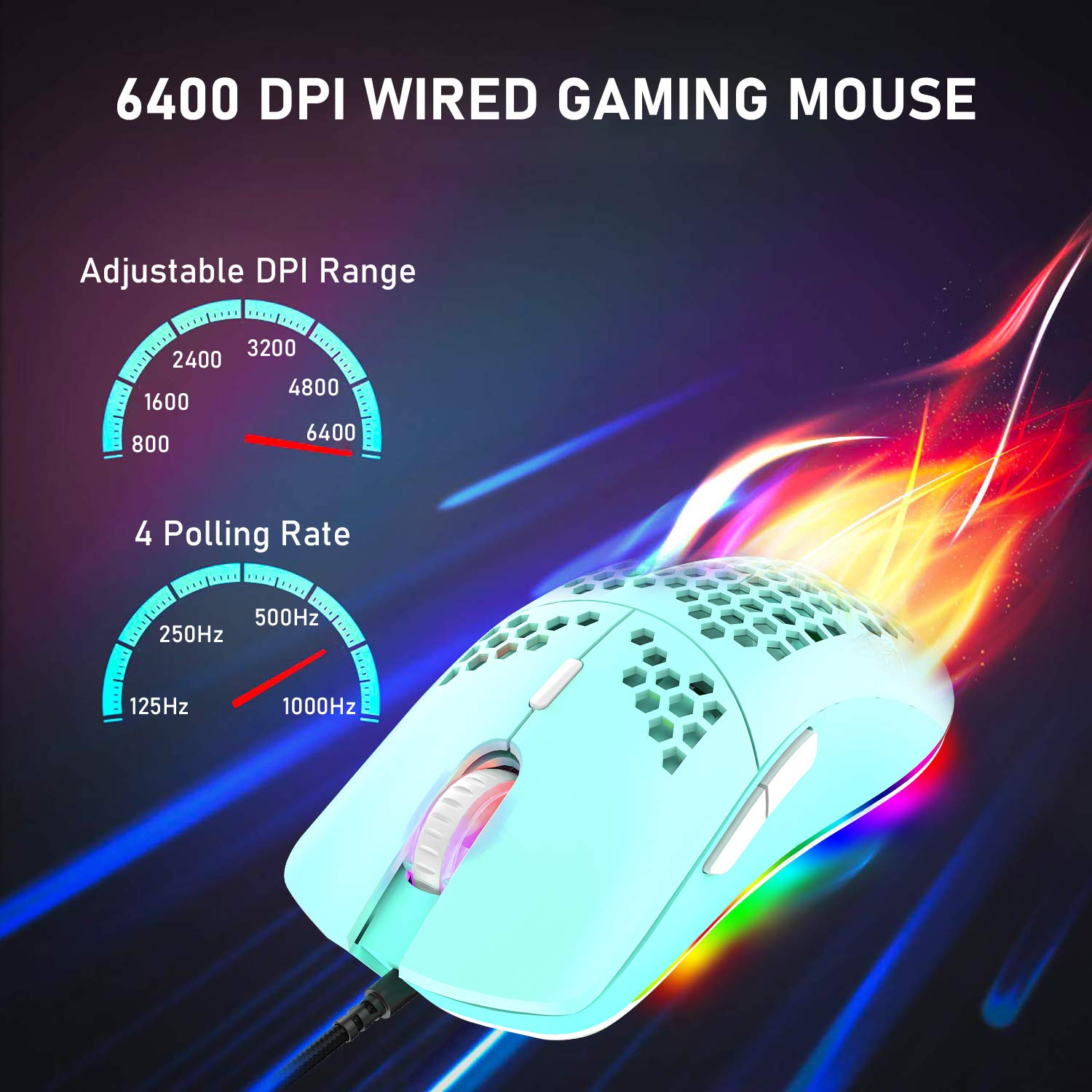 Programmable Wired Gaming Mouse with 6 RGB Lighting Modes & 6400 DPI - Honeycomb Shell Ergonomic Design for PC, Xbox & PS4 Gamers - Perfect for FPS, MOBA & Esports Gaming - Green