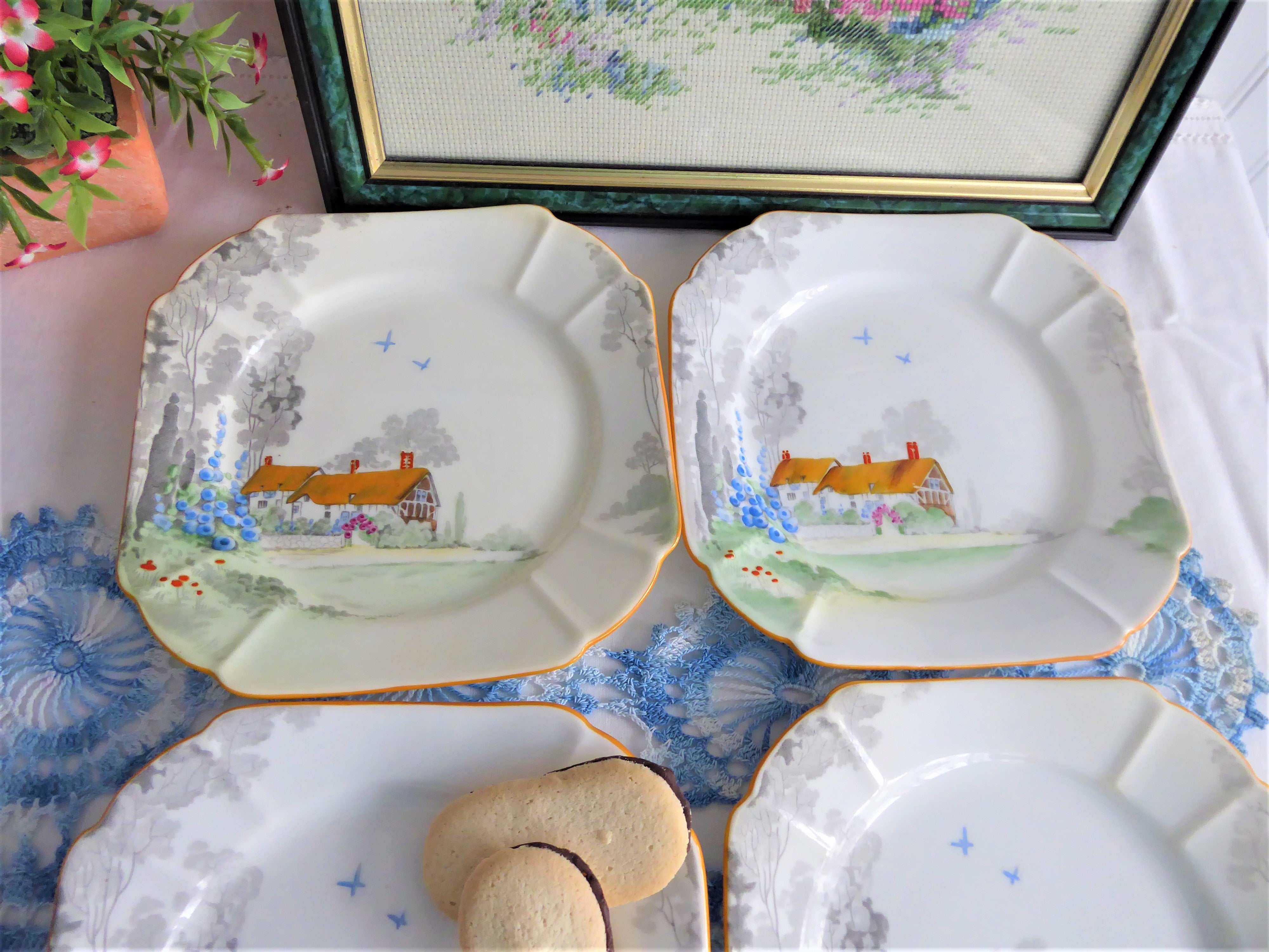 Vintage Shelley Cottage 2 Queen Anne Plate Set of 4 Salad Serving Plates - 1930s Antique English Dinnerware for Collectors & Tea Parties