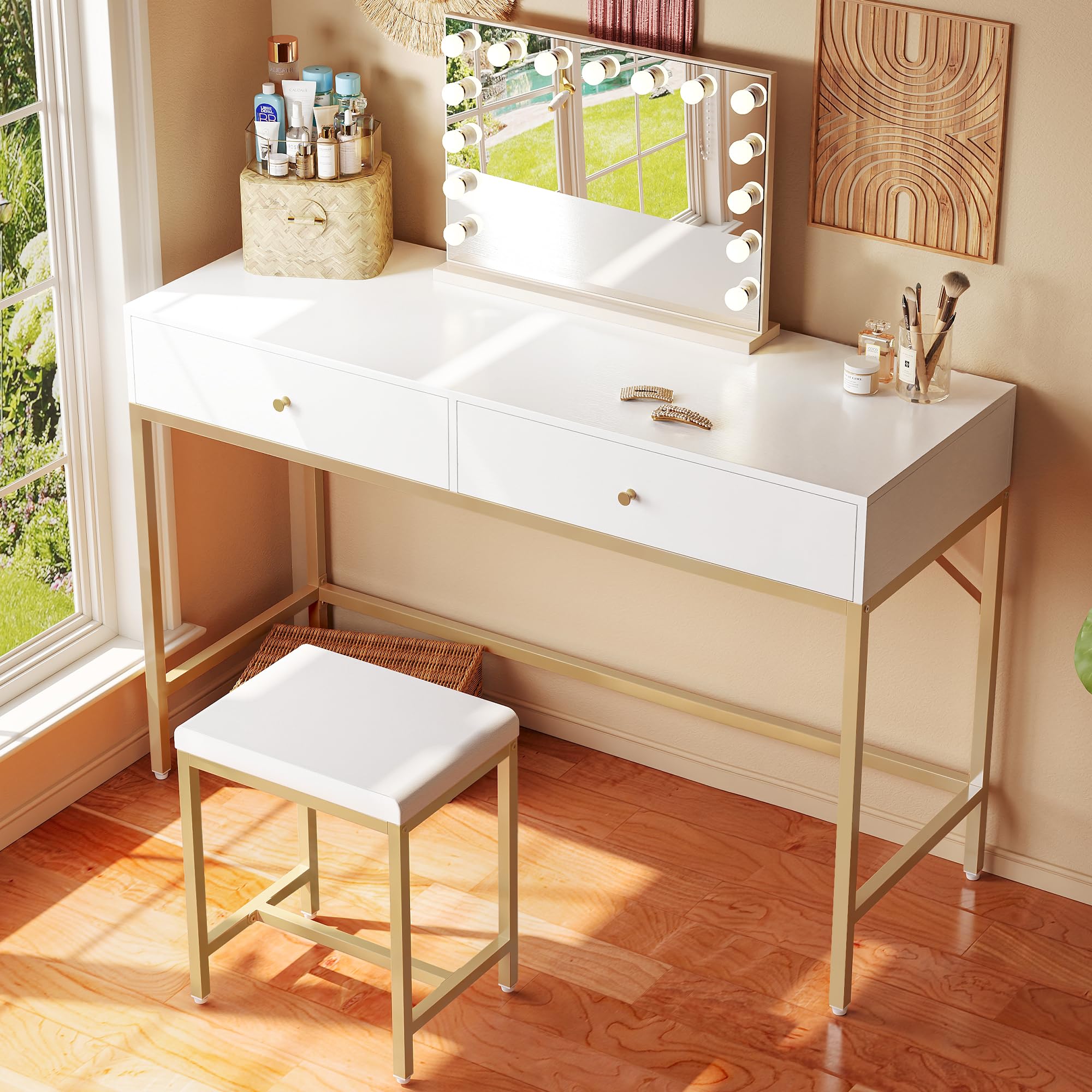 SUPERJARE 43-inch White and Gold Vanity Desk with 2 Drawers & Padded Stool - Modern Makeup Dressing Table, Computer Desk with Storage, Home Office Writing Desk for Bedroom, Study & Small Spaces