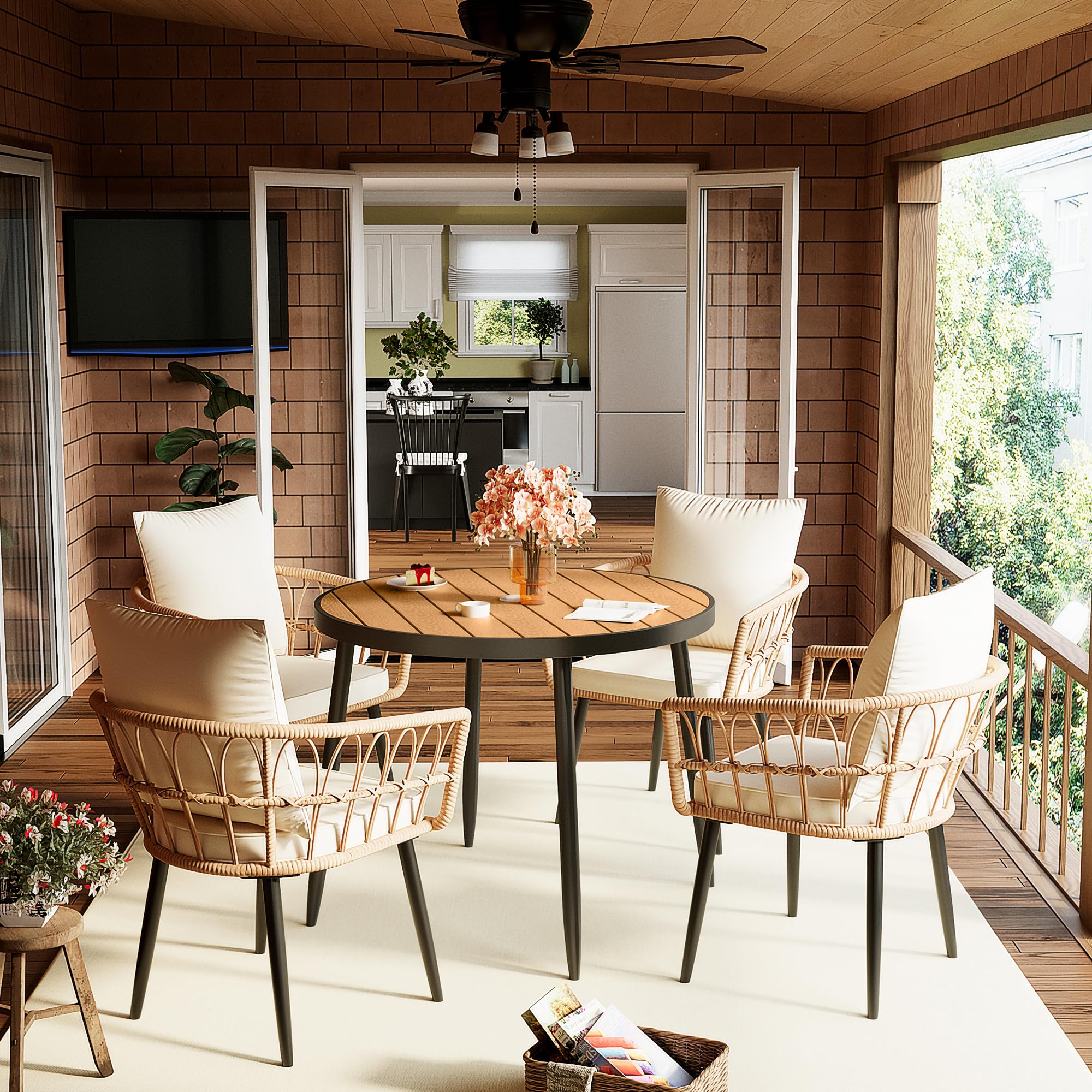 **Pamapic 5-Piece All-Weather PE Rattan Patio Dining Set with Wood Table Top & Removable Cushions - Outdoor Furniture for Lawn, Garden, Backyard, and Poolside (Cream)**