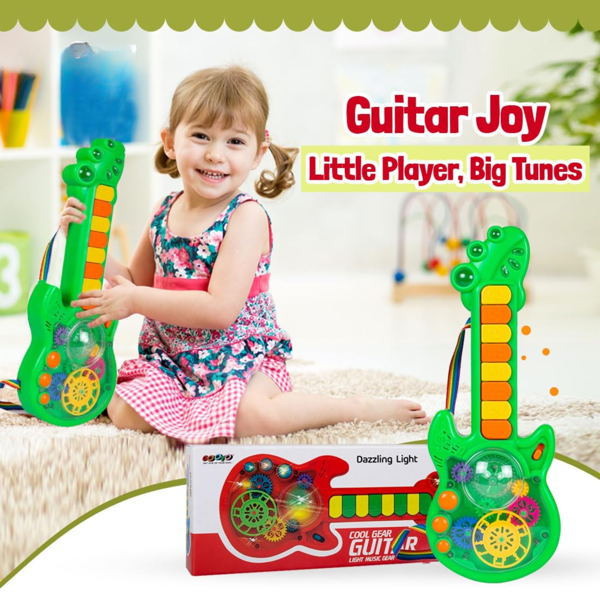 Kid Kraze® Battery Operated Musical Toy Guitar with 8 Keys, 3D Gears & LED Light Effects - Perfect Gift for Toddlers, Boys & Girls (Green) | Requires 3xAA Batteries (Not Included) | Great for Pretend Play, Music Learning & Birthday Parties