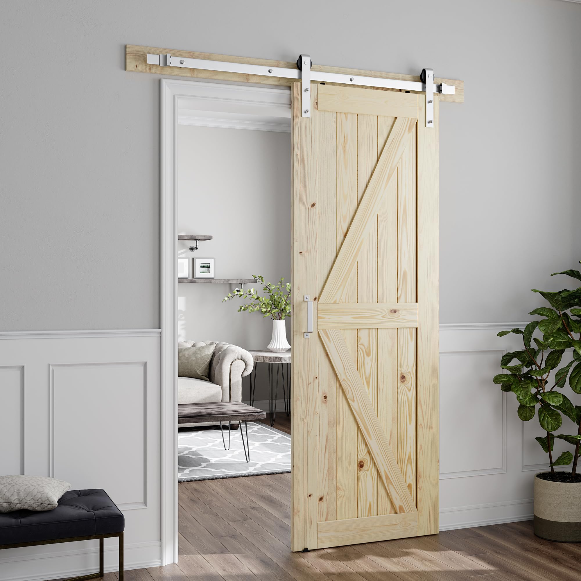 SMARTSTANDARD 24x84 Inch Sliding Barn Door Kit - Brushed Nickel Hardware & Handle Included - Unfinished Solid Spruce Wood Panel with K-Frame - Easy DIY Assembly - Perfect for Bedroom, Closet or Farmhouse Style Home Decor