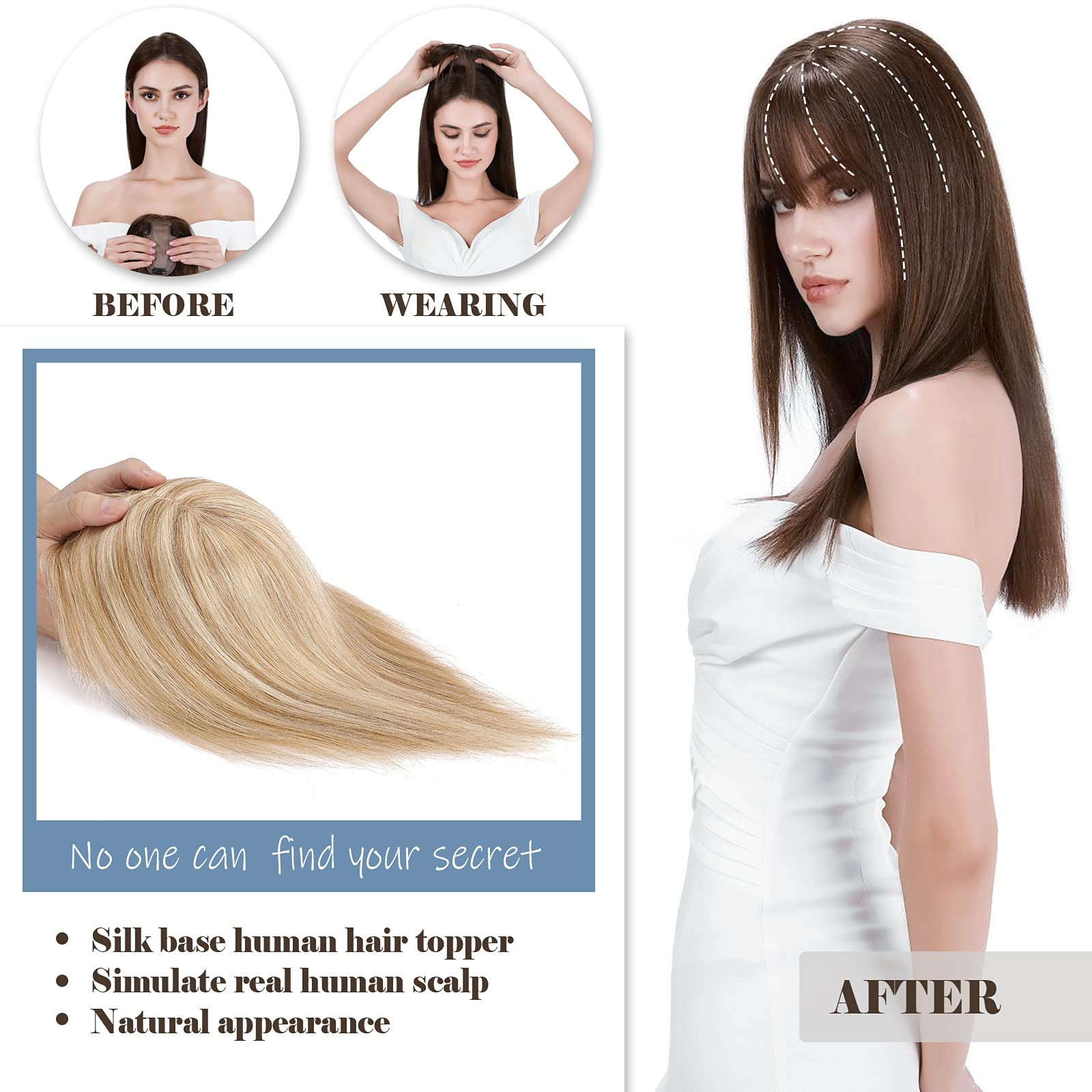 Clip In Remy Human Hair Topper with Bangs for Women - 18 Inch 53g Middle Part Hairpiece for Thinning Hair & Hair Loss - #12P613 Golden Brown Mix Bleach Blonde - Perfect for Daily Wear, Cosplay & Styling