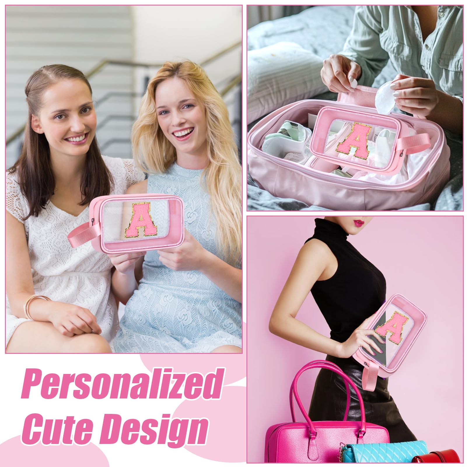 Personalized Monogrammed Makeup Bag Letter A - Cute Clear Cosmetic Travel Organizer for Women & Girls, Waterproof Toiletry Pouch for Beach, Gym, Travel & Daily Use - Pink Aesthetic Design