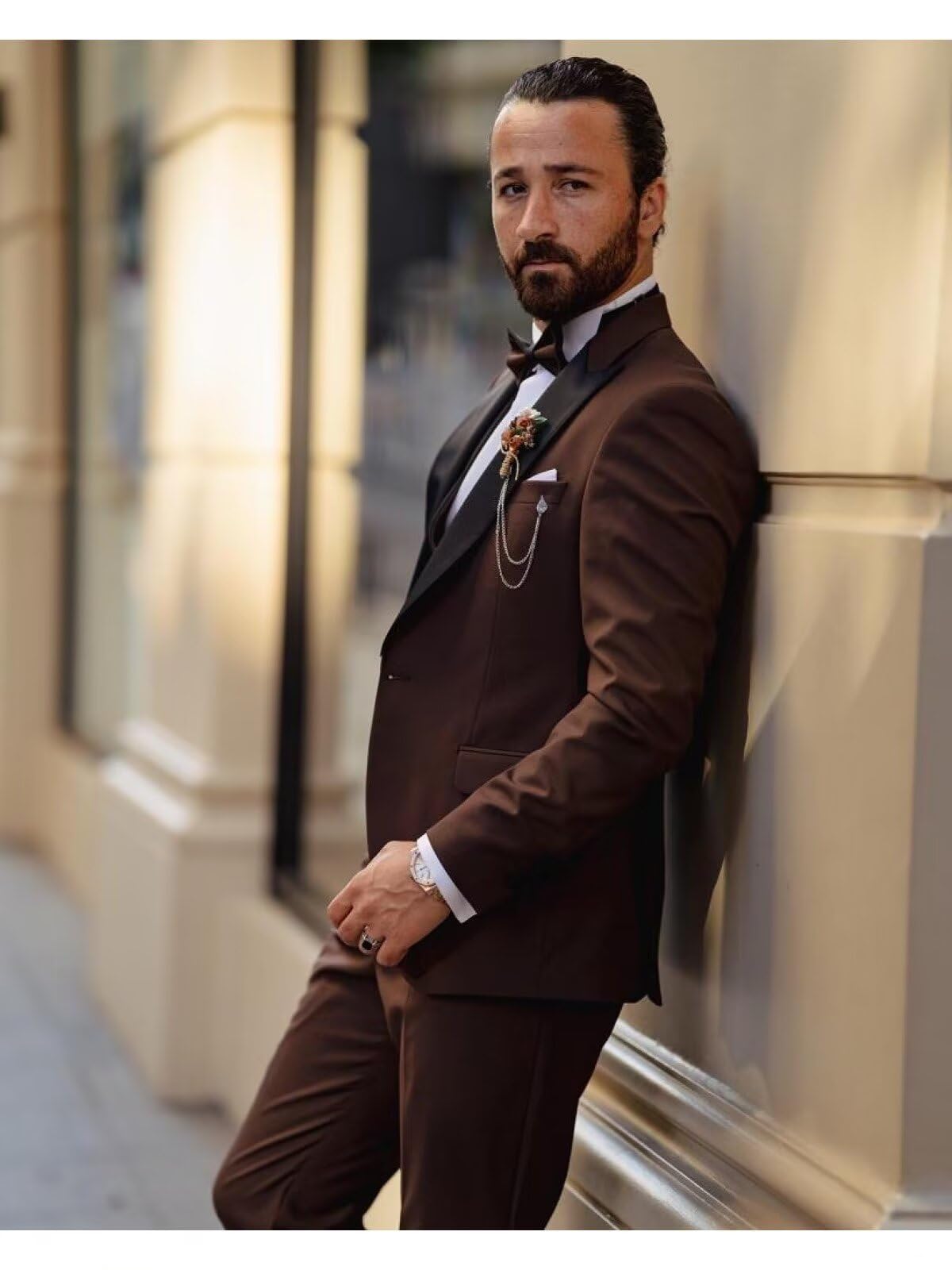 Wangyue Men's Slim Fit 3-Piece Tuxedo Suit | Formal Wedding Groomsmen Suit with Peak Lapel & Bow Tie | Perfect for Prom, Black Tie Events & Special Occasions