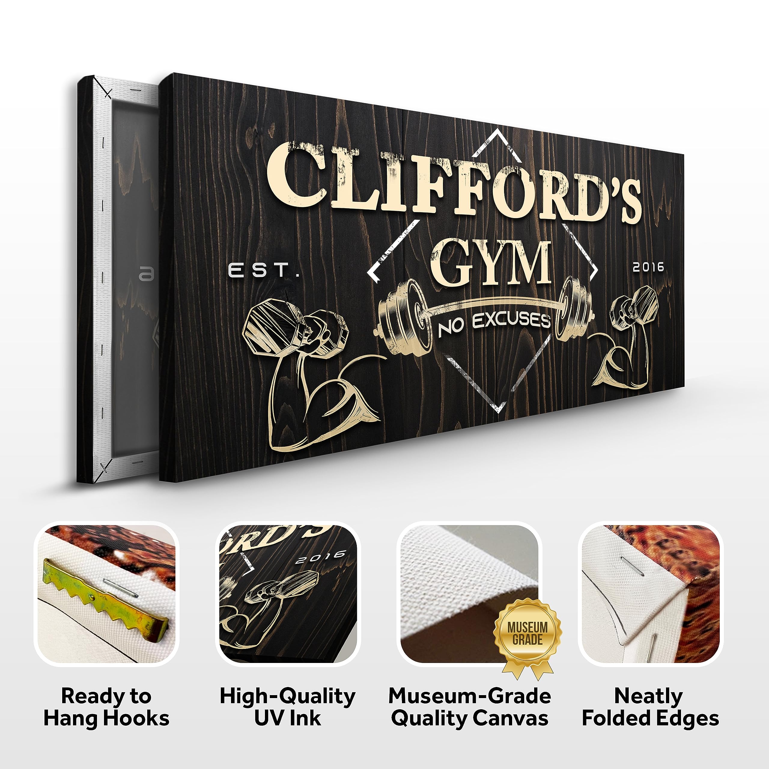 Personalized Gym Sign Wall Art - Custom Motivational Canvas for Home Gym, Workout Room & Fitness Center - Inspirational Workout Poster with Gym Name on Wooden Background - 20x10 Inch - Perfect for Garage, Office & Gym Decor