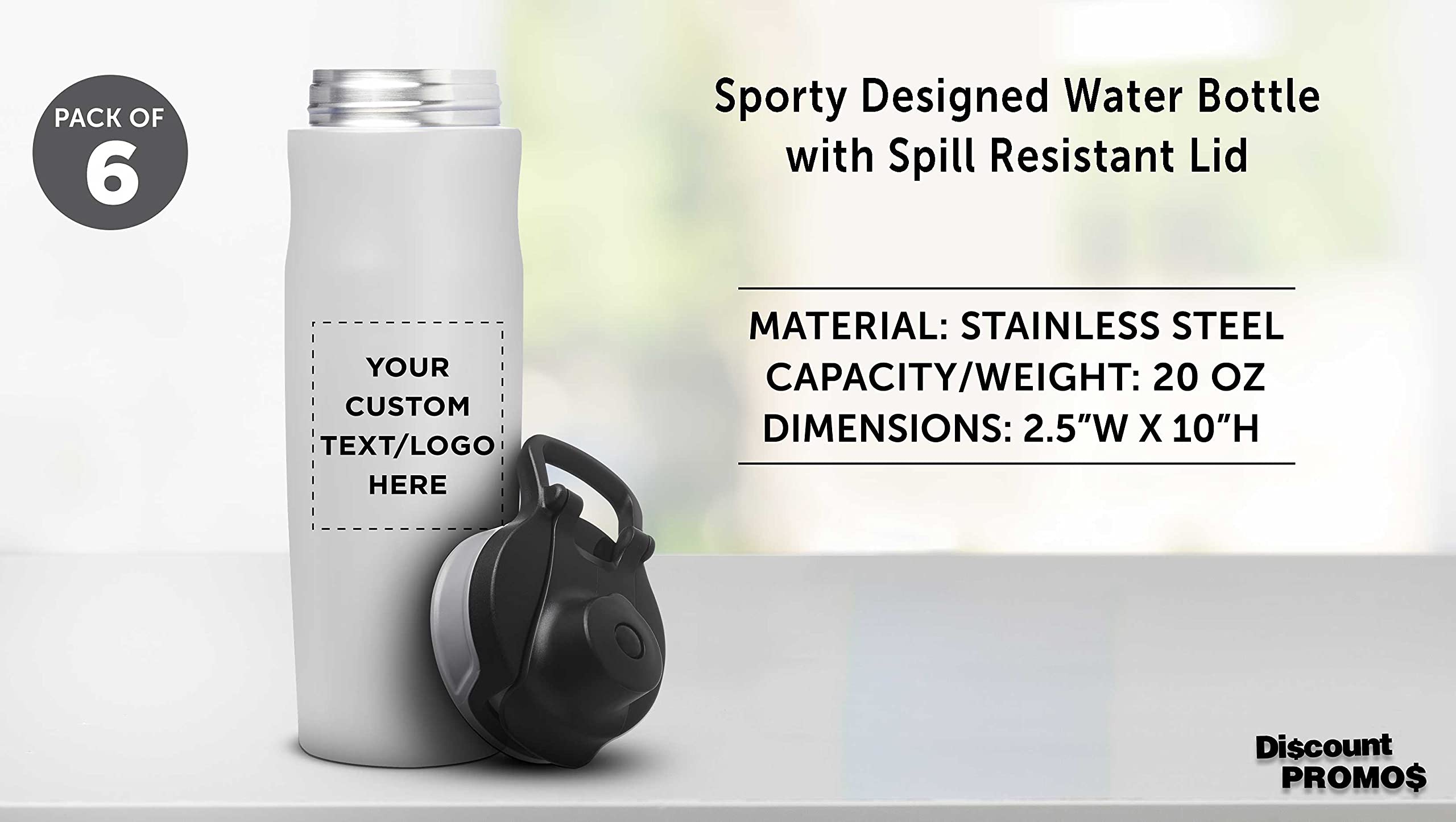 Custom Juno 20 oz Water Bottles with Flip Lid - Set of 6 Reusable Personalized Bottles for Gym, Hiking, Cycling & School - Bulk Pack Promo - White - Perfect for Sports, Outdoor Activities & Daily Hydration