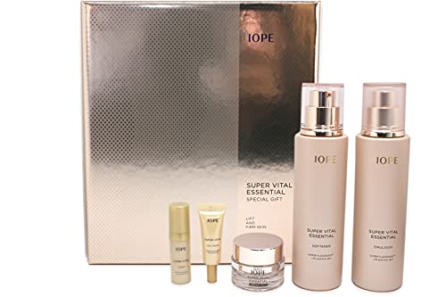 IOPE Super Vital Essential Skincare Set - Anti-Aging Cream, Serum, Toner & Eye Cream (5-Piece Gift Set) for Dry & Mature Skin - Perfect for Daily Skincare Routine & Special Occasion Gifts