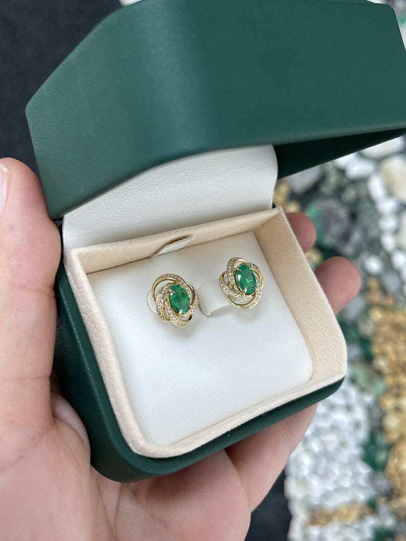 2.31tcw 14K Gold Oval Cut Emerald & Diamond Halo Earrings - Medium Dark Green Gemstone Jewelry for Women, Perfect for Weddings, Parties & Special Occasions