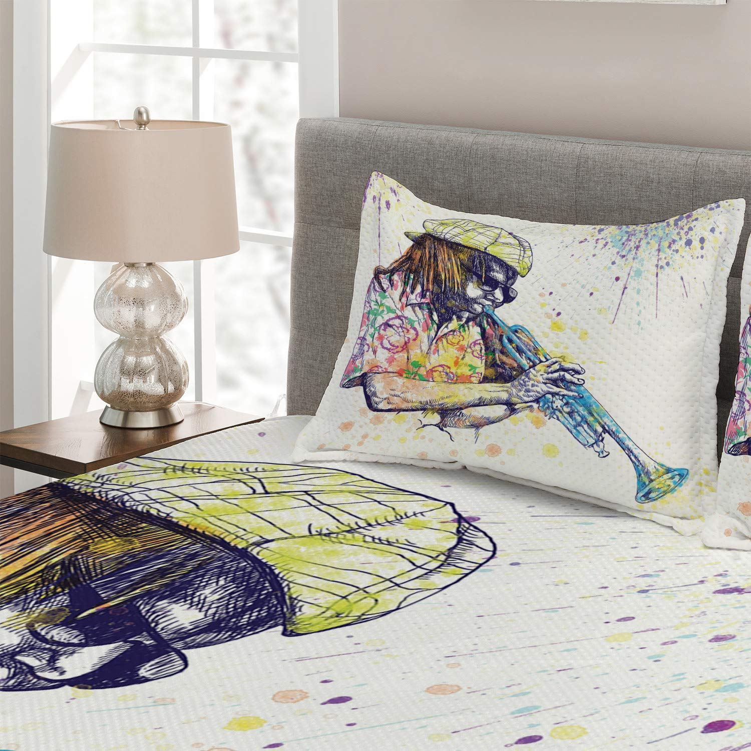 Ambesonne Jazz Music Quilt Set - King Size 3-Piece Bedspread with Trumpeter Illustration & Paint Splashes Design, Purple & Yellow Decorative Coverlet with 2 Pillow Shams | Perfect for Jazz Lovers' Bedroom, Music Themed Guest Room & Bohemian Home Decor
