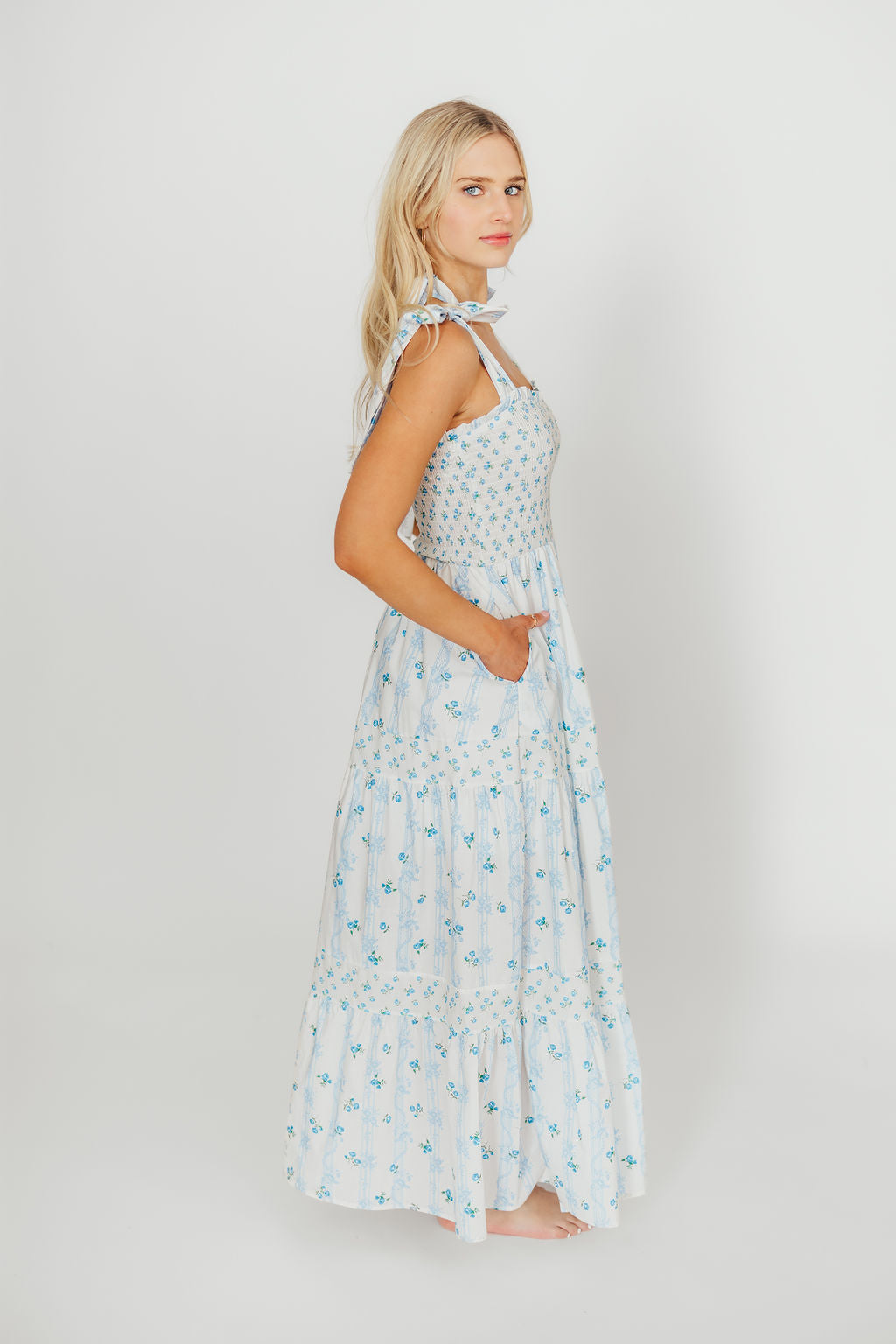 Kathryn Floral Print Tie Shoulder Maxi Dress - Ivory & Blue Floral Summer Dress for Women | Perfect for Beach Vacations, Weddings & Date Nights