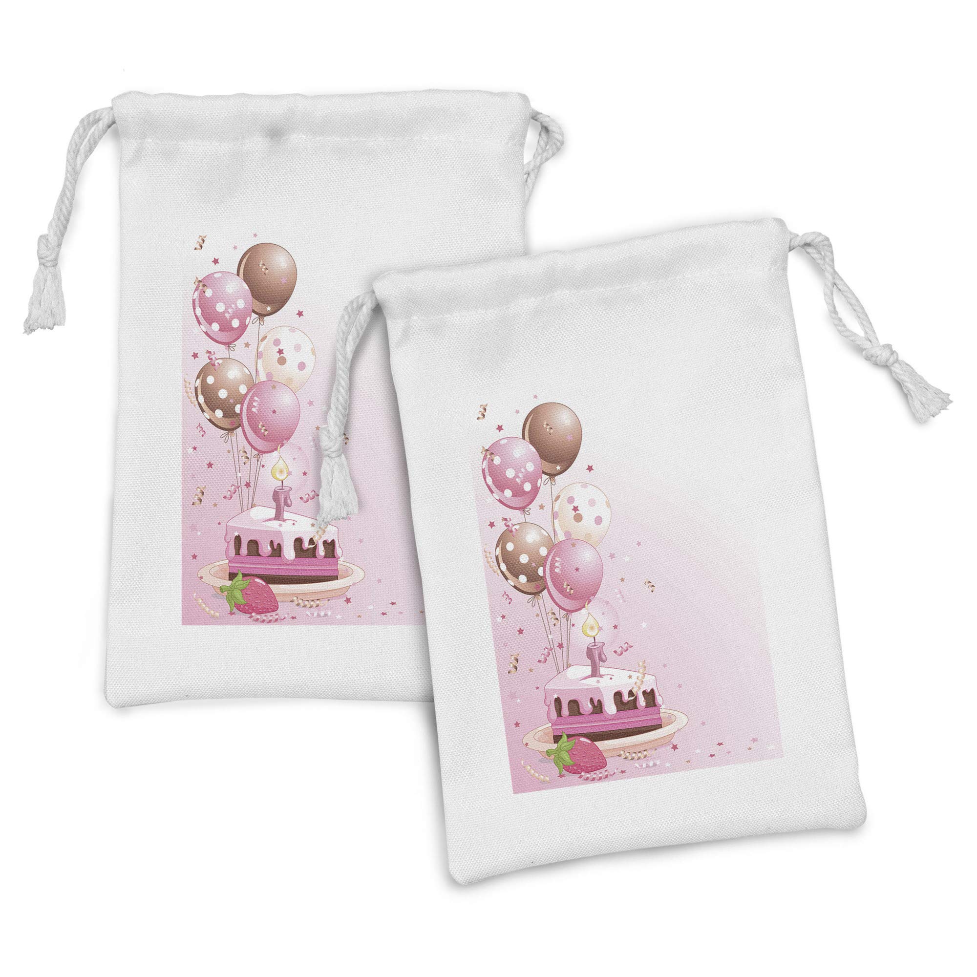 Ambesonne 2-Pack Birthday Party Fabric Pouches - Strawberry Pink Cake Slice with Balloons & Candles Design - 9
