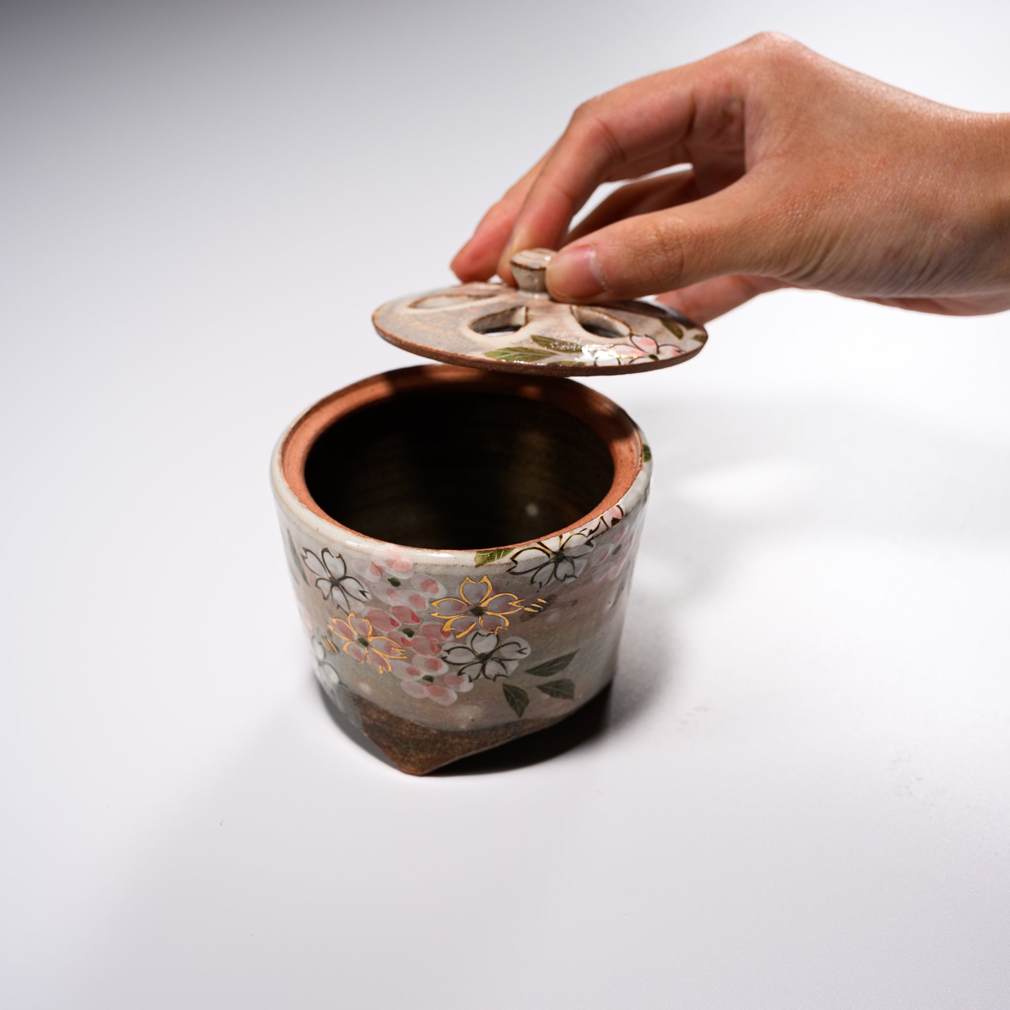 Kyo Kiyomizu Ware Ceramic Incense Burner - Kenzante Sakura Design | Japanese Zen Meditation, Home Decor & Aromatherapy Accessory