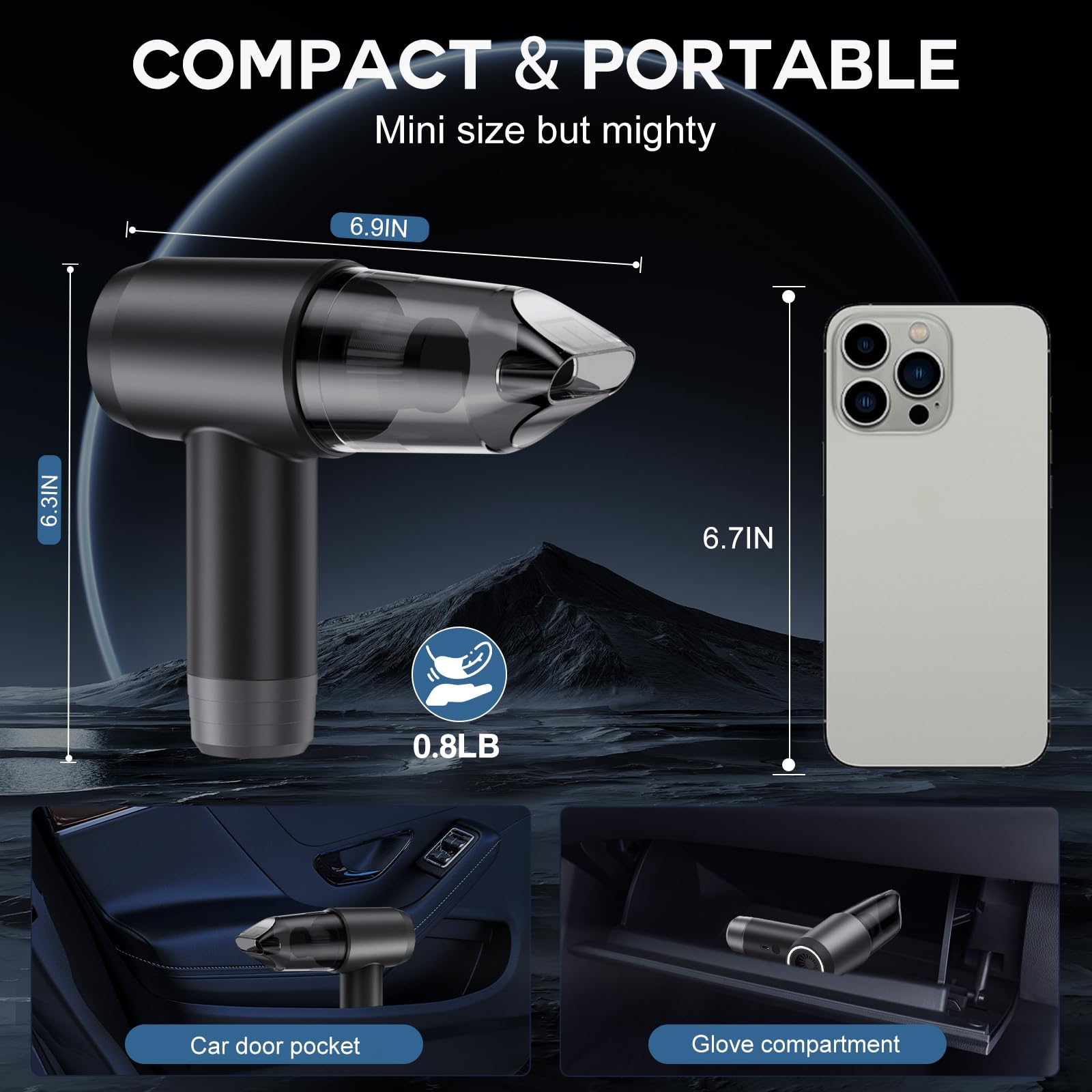 18KPA Cordless Car Vacuum Cleaner - 6-in-1 Air Duster & Safety Tool for Home/Office/Car Use