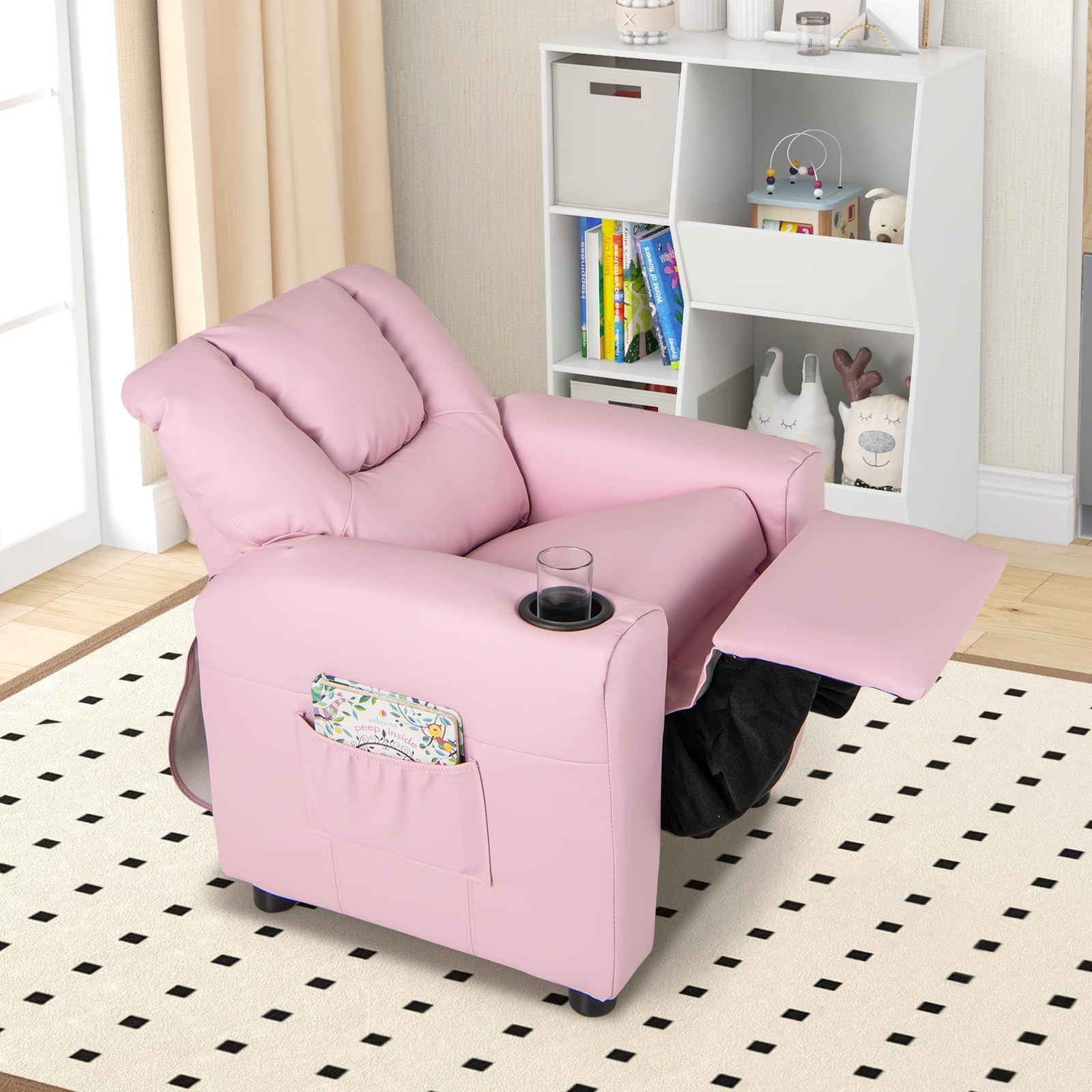 Costzon Kids Recliner Chair with Cup Holder - Pink PU Leather Toddler Armchair with Headrest & Footrest for Boys and Girls - Perfect for Bedroom, Playroom, Nursery, and Movie Nights