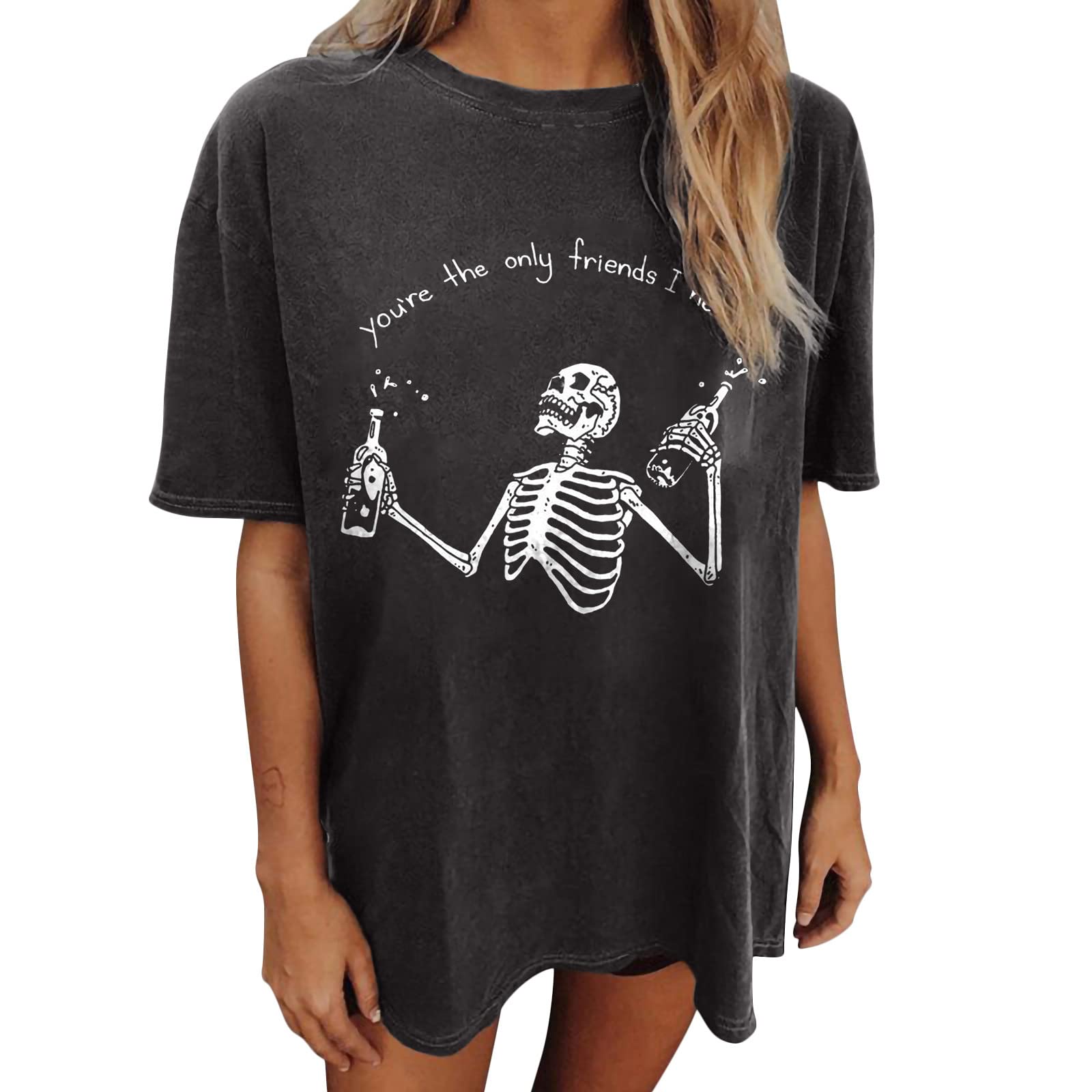 Women's Halloween Skeleton Graphic Tee - Grunge Oversized T-Shirt for Party & Cosplay