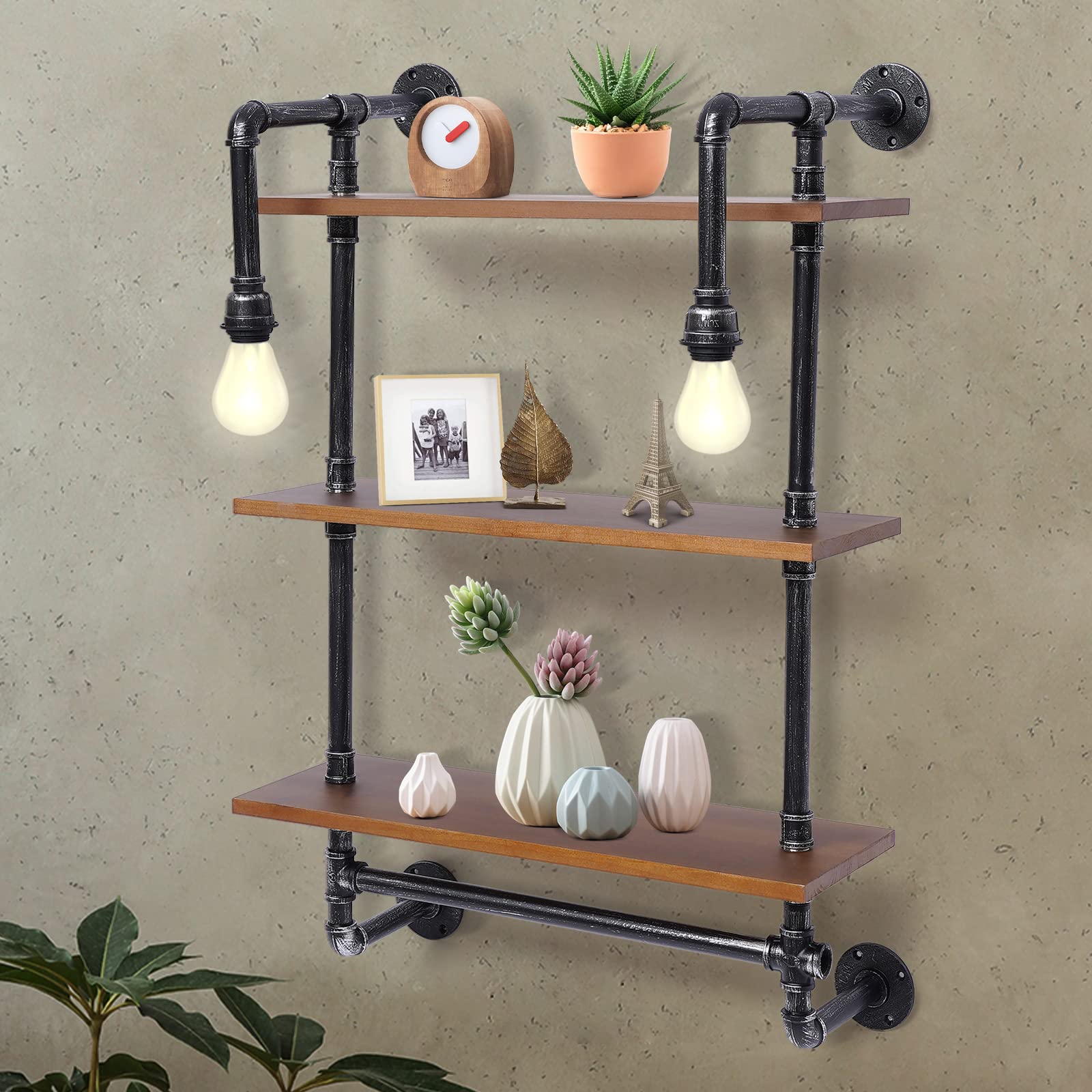 Industrial Pipe Metal Shelf - 3-Tier Rustic Floating Shelves with Solid Wood Planks & Vintage Bulb - Wall Mounted Storage for Bathroom, Bedroom, Bookshelf, Corner Decor - Perfect for Organizing Books, Plants & Home Accessories