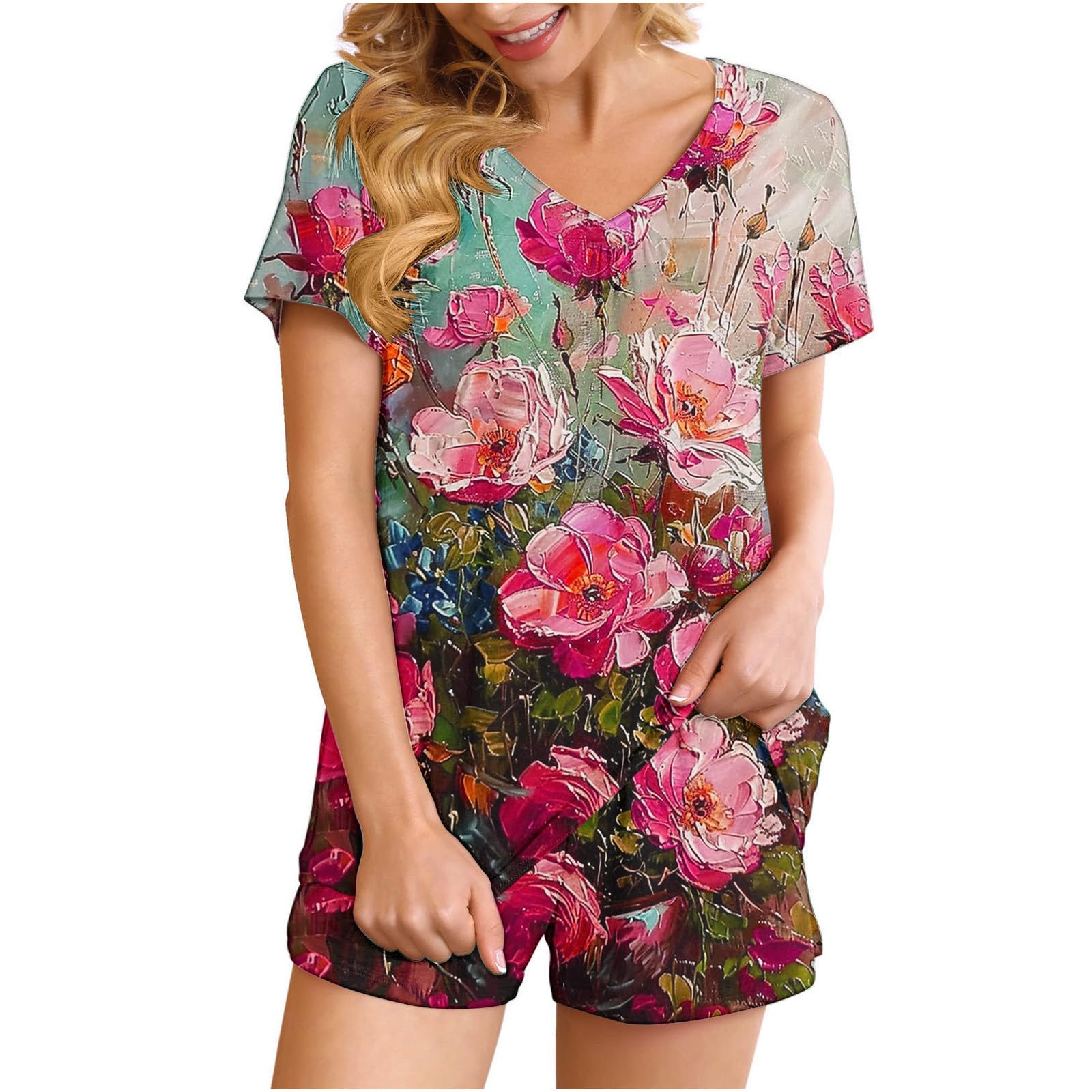 Trendy 2024 Women's 2-Piece Boho Floral Pajama Set - Comfy Sleepwear for Summer & Travel