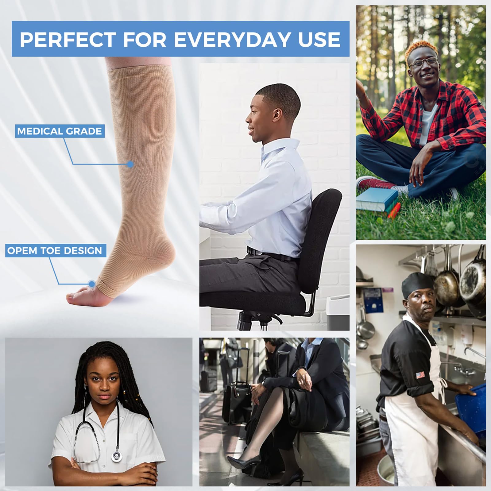 3 Pack Open Toe Compression Socks for Men & Women - 15-20 mmHg Knee High Stockings for Circulation Support, Varicose Veins & Swelling Relief - Ideal for Running, Travel & Nurses