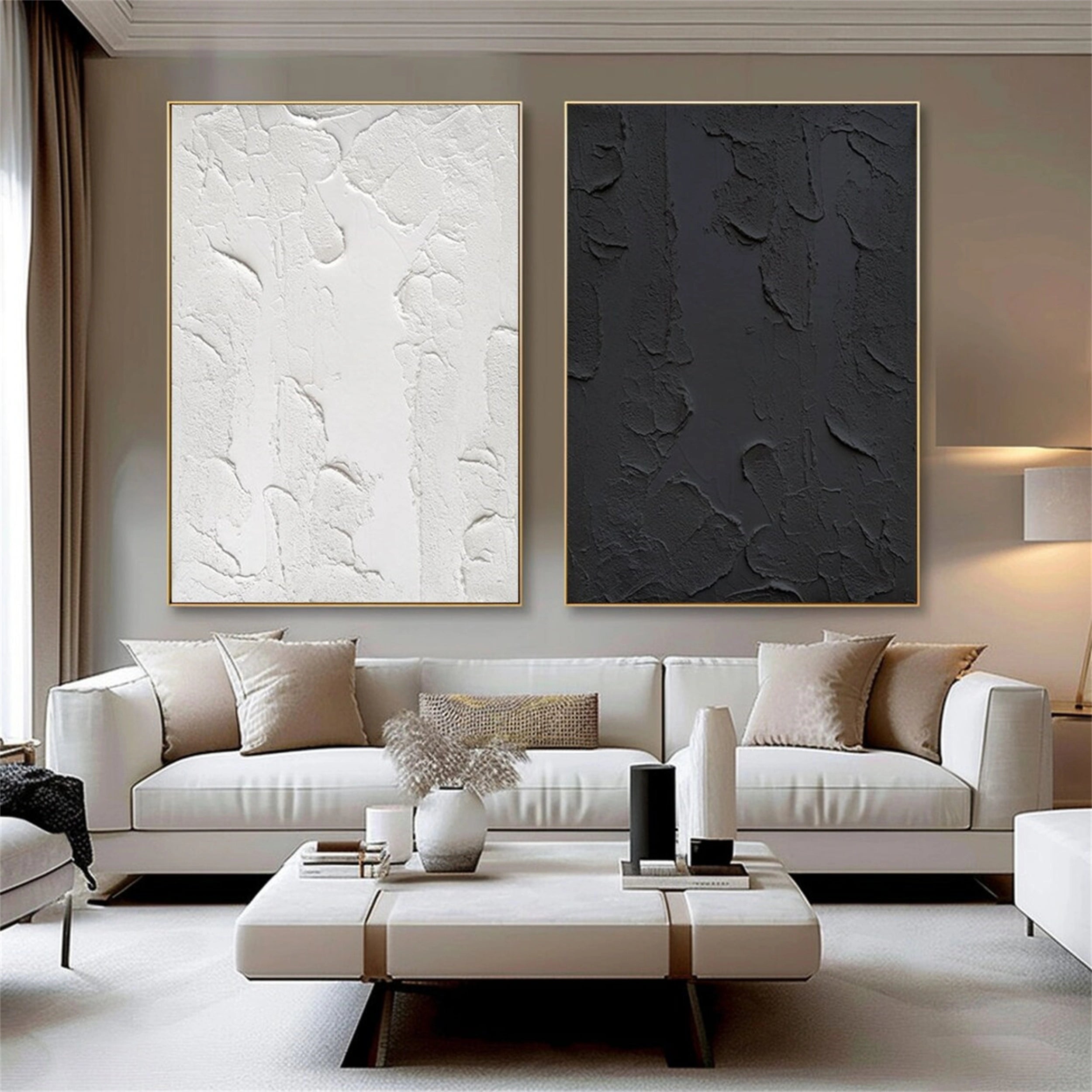 Modern Black and White Textured Minimalist Wall Art - Set of 2 Abstract Canvas Prints (#MZ074) | Perfect for Living Room, Bedroom & Office Decor