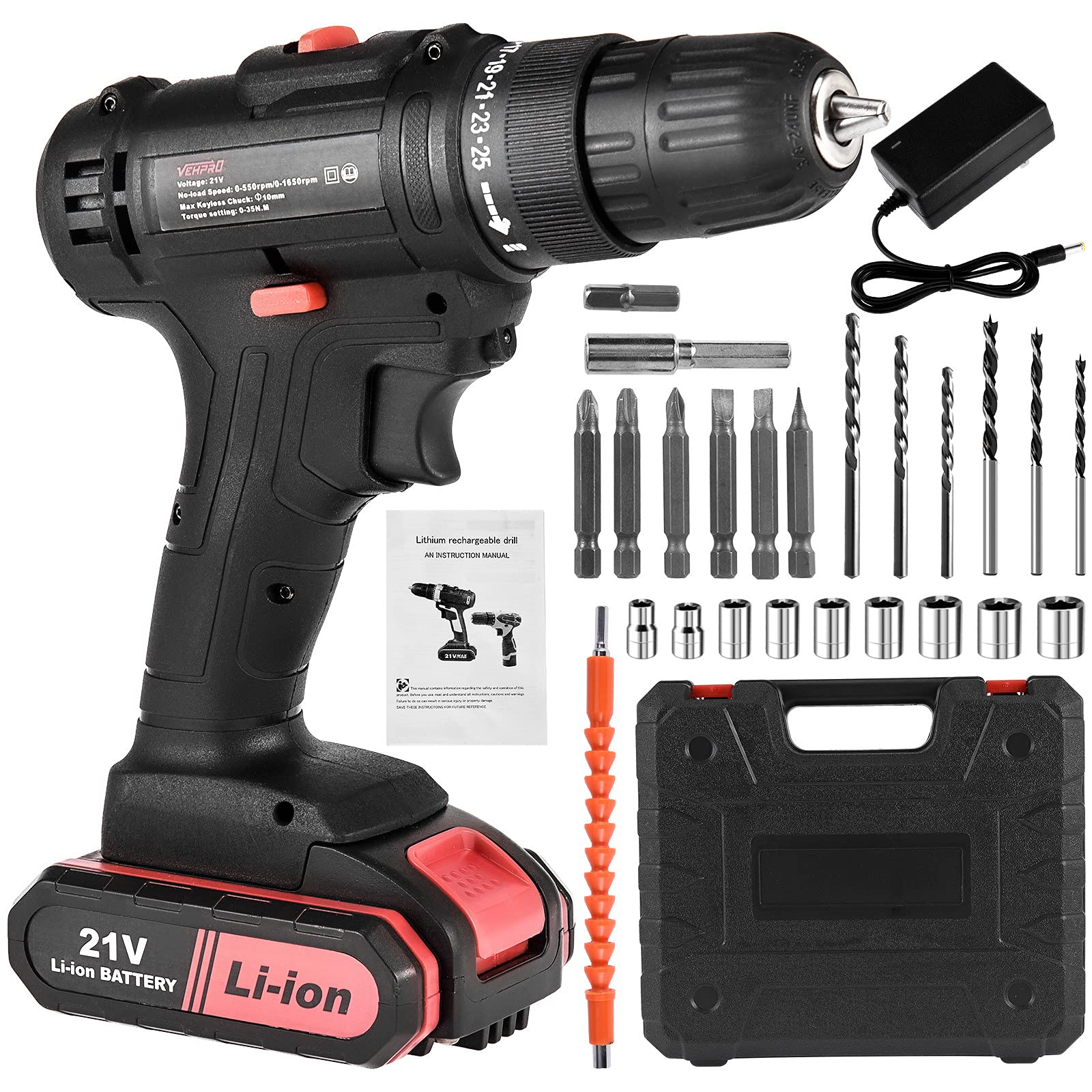 21V Cordless Drill Driver Kit with Dual Speed & Fast Charging - Lithium-Ion Battery Combi Drill & Electric Screwdriver Set for Home DIY, Woodworking, and Construction Projects