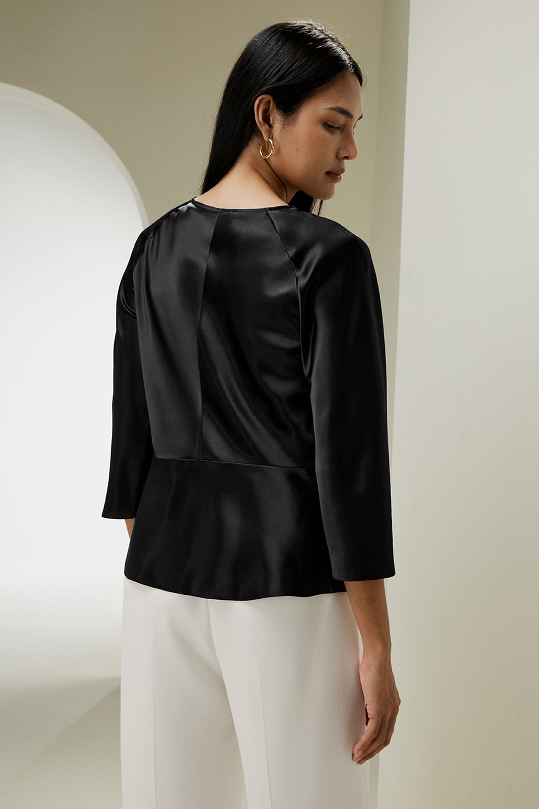 LILYSILK X MIM Women's V-Neck Silk Blouse with Waist Tie - Elegant Satin Shirt for Work, Party & Special Occasions